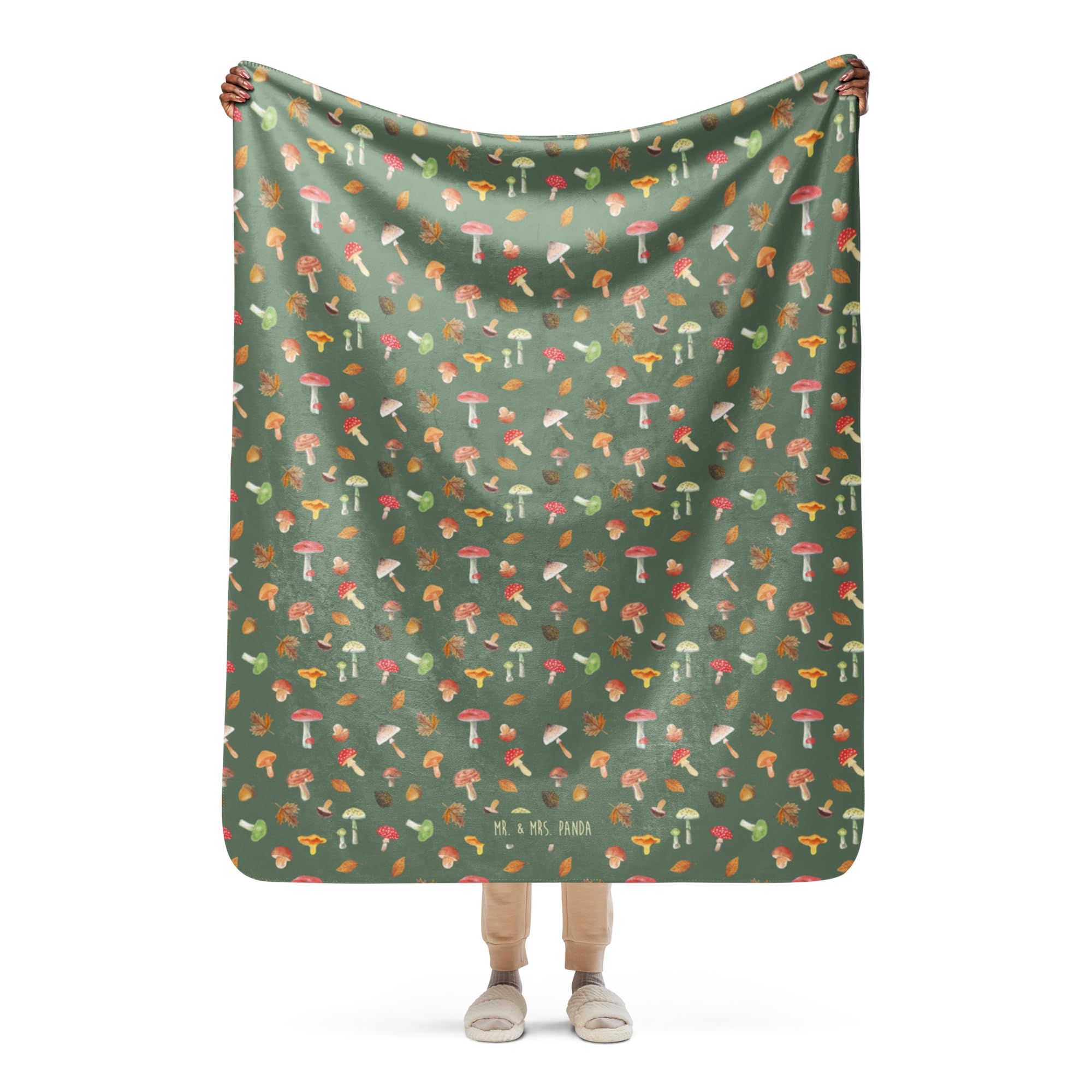 Mr. & Mrs. Panda Decke Pilz Wald 130 x 155 cm - Geschenk, Kuscheldecke, Laub Muster, Pilze, Sofadecke, Wohndecke, Wärmedecke, Heimdecke