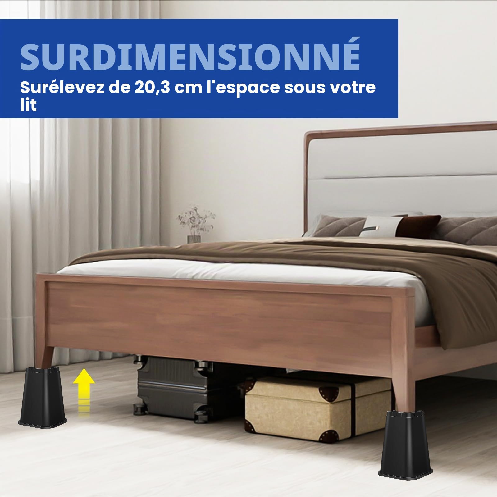 Lot de 4 rehausseurs carrés robustes de 20,3 cm pour lit, canapé, table, canapé - Noir (20,3 cm)