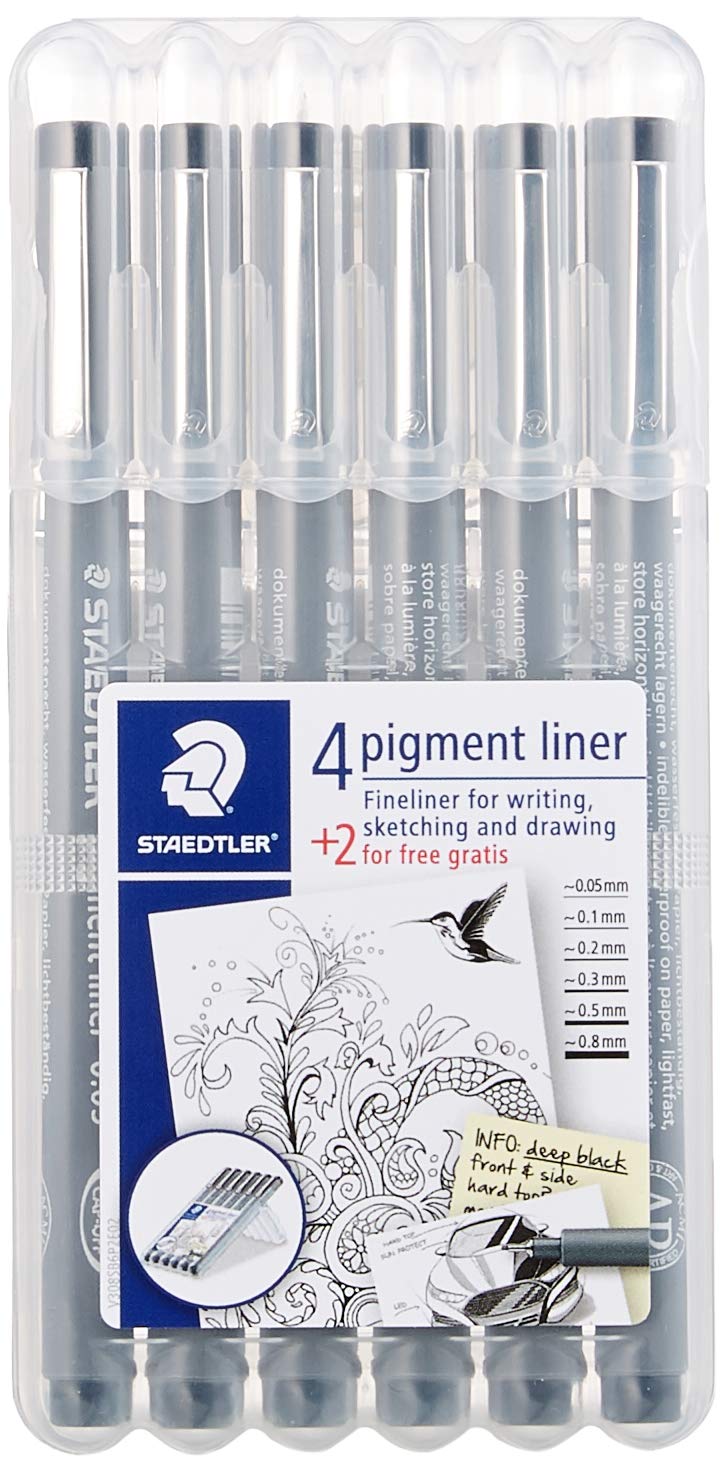Staedtler 308 SB6P VE Pigment liner 308 – 16 x 6 (4 + 2 gratis) czarny pigmentowany, nietłukący długopis do szkicowania 0,05/0,1/0,2/0,3/0,5/0,8 mm