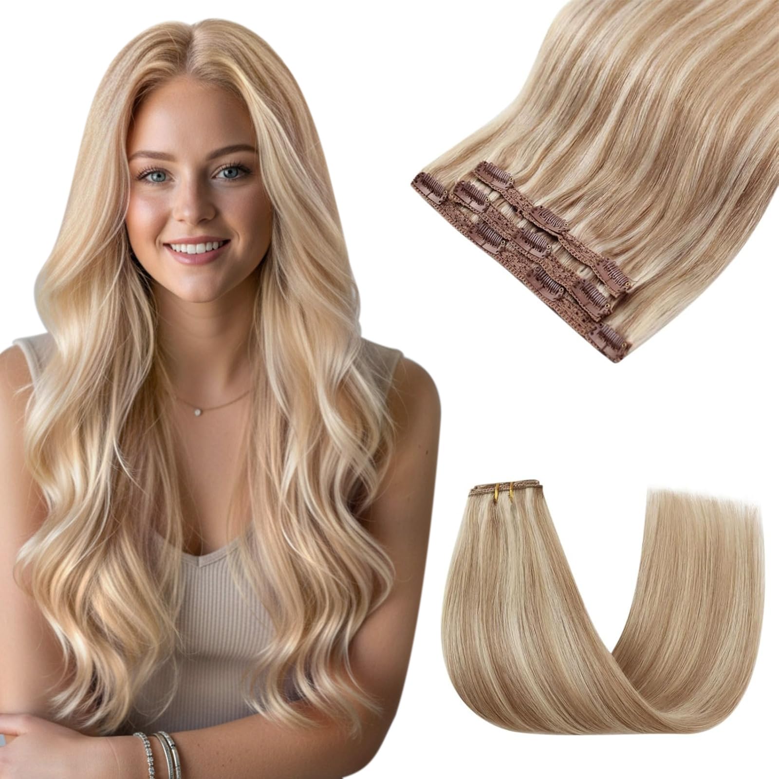 Sunny Hair Clip in Hair Extensions Real Human Hair 16 Inch Remy Hair Clip in Extensions for Women Human Hair Extensions Dark Golden Blonde Highlights
