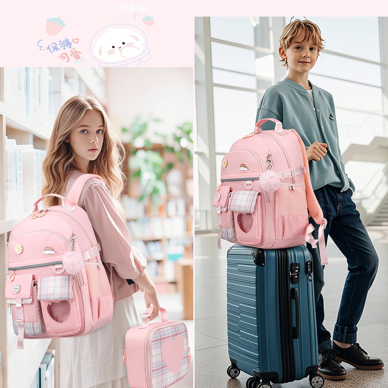 Kids Backpack for Girls, Cute School Backpack with Lunch Bag & Pen Case, Bookbag Set for Girls Children Teens for Elementary Middle High School Student Ages 3-15, Pink - Image 7