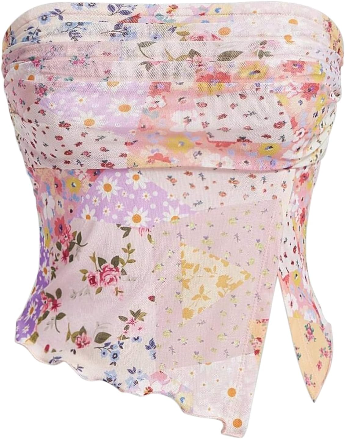 Anoumcy Floral Printed Crop Tube Tops for Women Casual Strapless Sleeveless Split Hem Boho Bandeau Summer Cami Tops