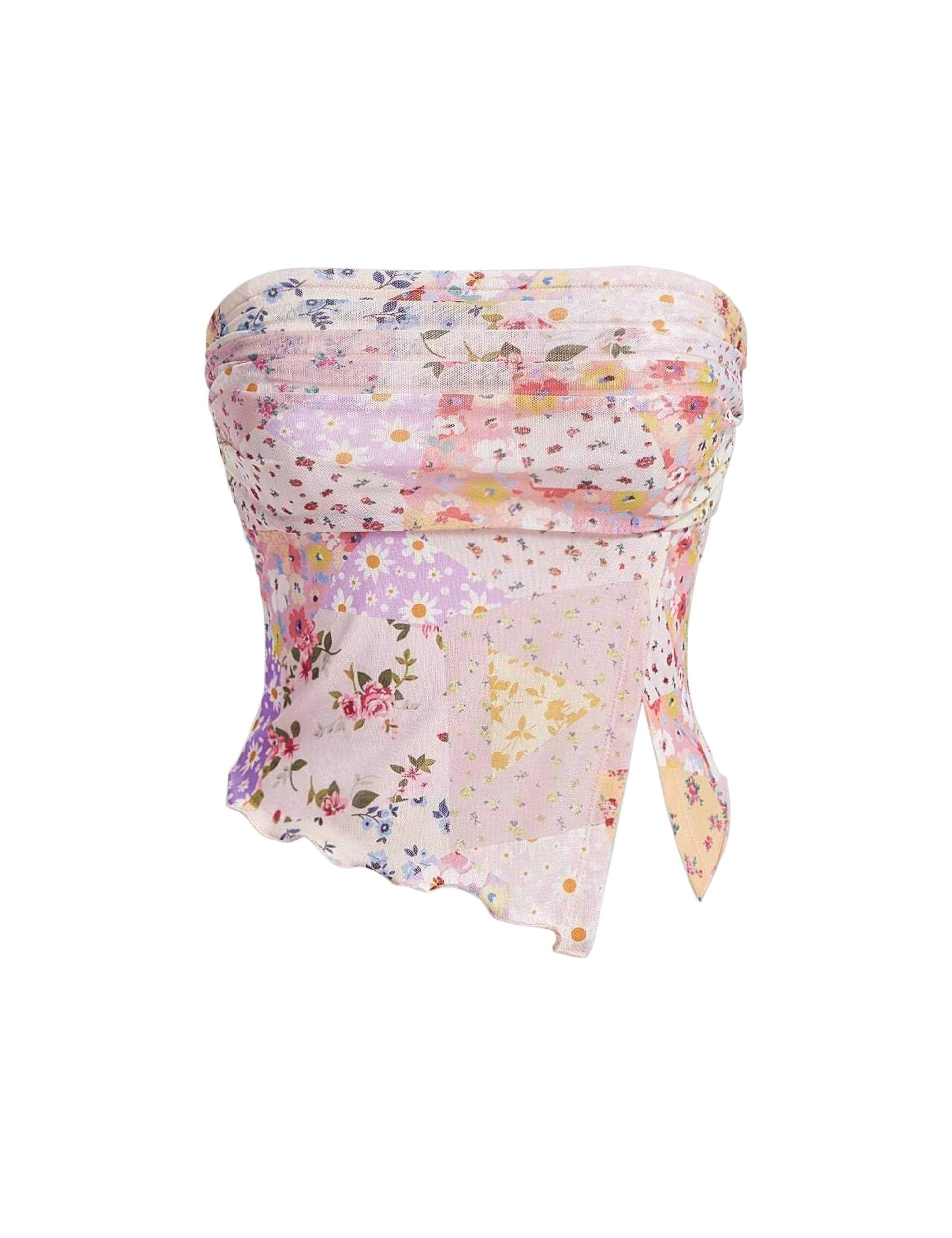 Anoumcy Floral Printed Crop Tube Tops for Women Casual Strapless Sleeveless Split Hem Boho Bandeau Summer Cami Tops