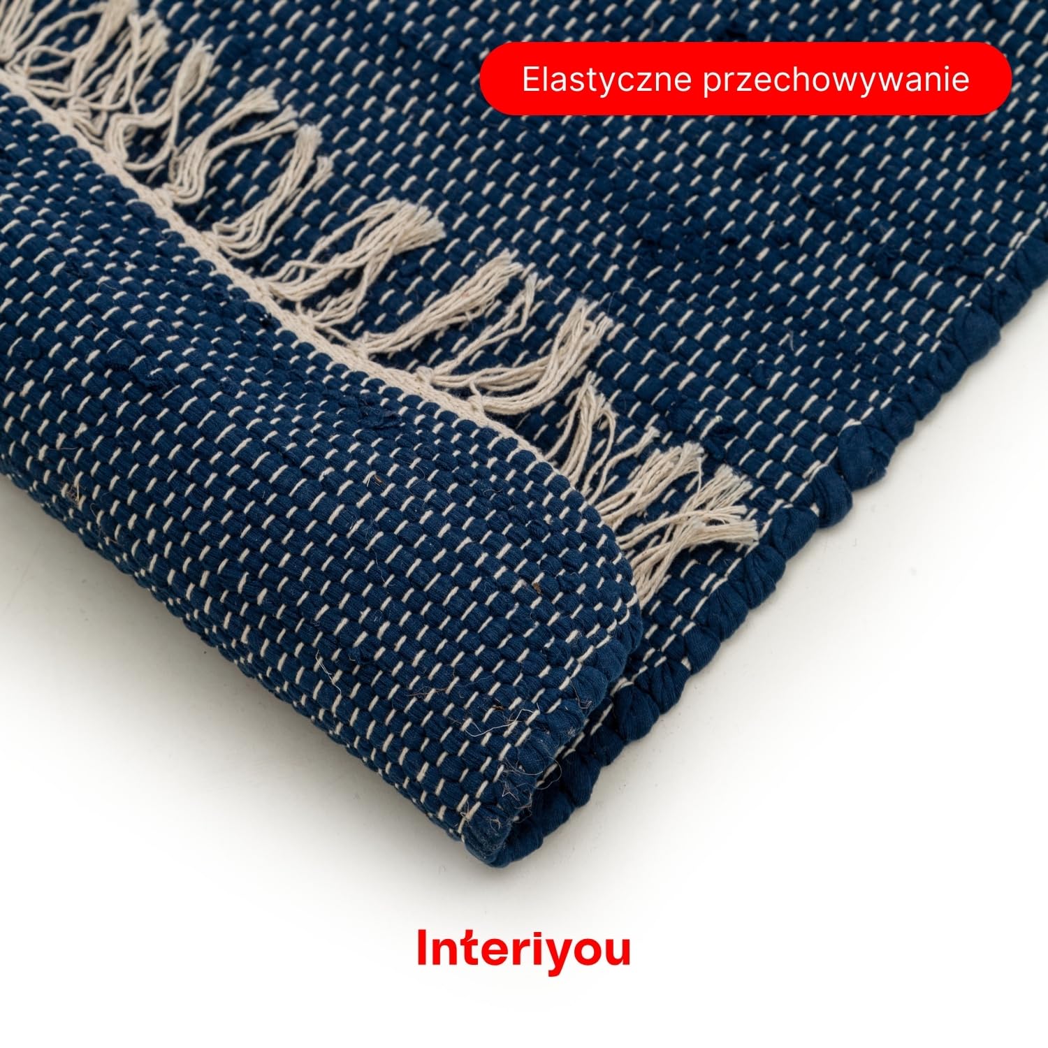 Interiyou dywan salon bawełniany Toledo - 200x300 cm Granatowy - Ręcznie tkany z frędzlami, sypialnia, pokój dziecięcy, jadalnia, kuchnia, przedpokój