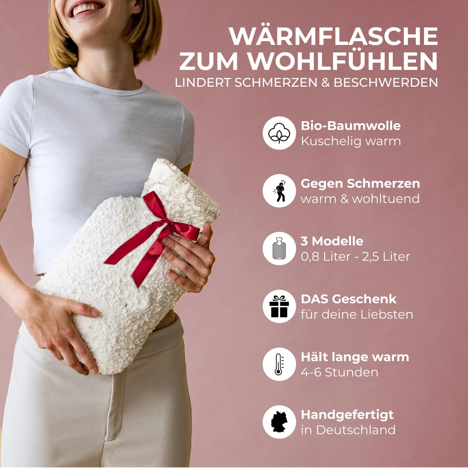 Kuschel - Borsa dell'acqua calda con rivestimento in cotone biologico extra morbido, prodotta in Germania, calda per alleviare il dolore, facile e verde, 2 l