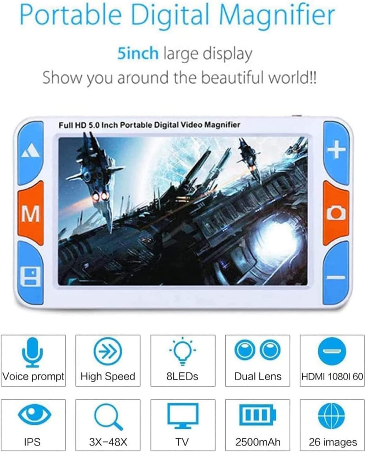 Loupe Numérique Vidéo Portable Portable Aide à La Lecture électronique Visuelle Mobile pour Basse Vision 5.0 Ih Écran 3x-48x Fois Zoom 26 Modes De Couleur, Sortie Hdmi Et AV