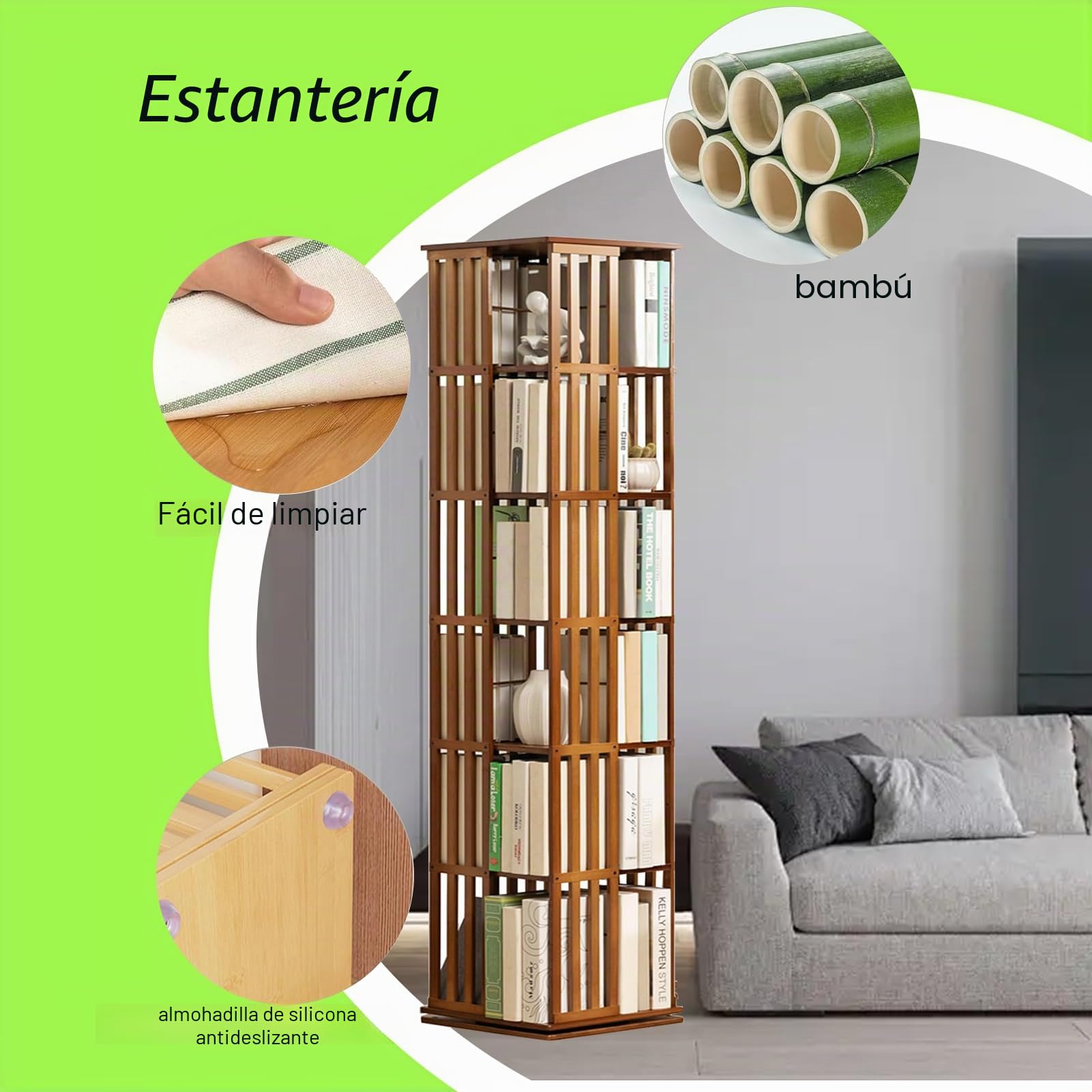 Estantería Giratoria de Bambú 360° Librería Giratoria (6to Piso) | Estantería Librería Alta de Pie Libreria Madera de Estudio y Biblioteca pie para niños y Adultos Mueble Almacenaje Multiusos