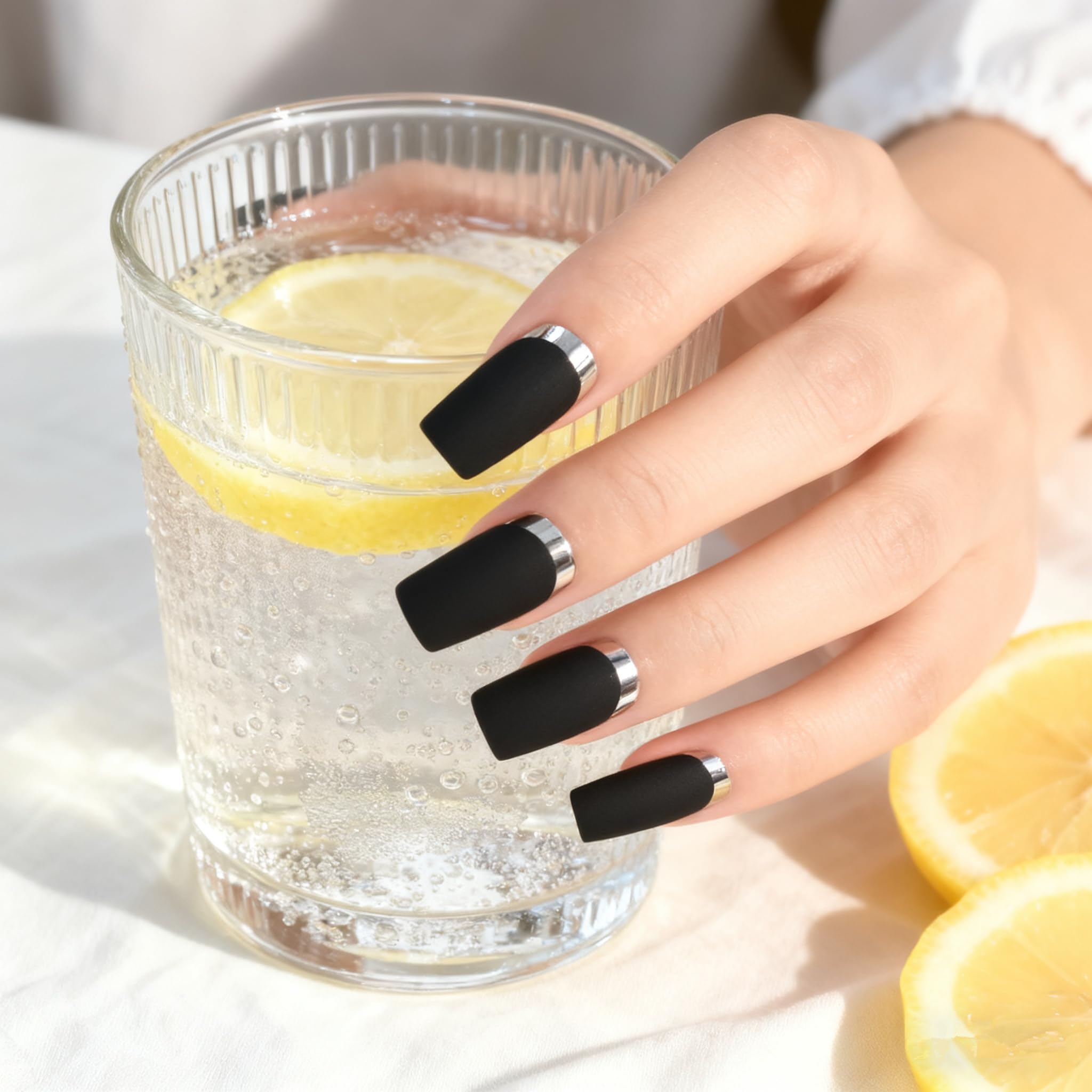 ELEVENAIL Matte Black Silver Metallic French Press on False Nails Medium Length Square Salon DIY Manicure Reusable Fake Acrylic Christmas Nail Art