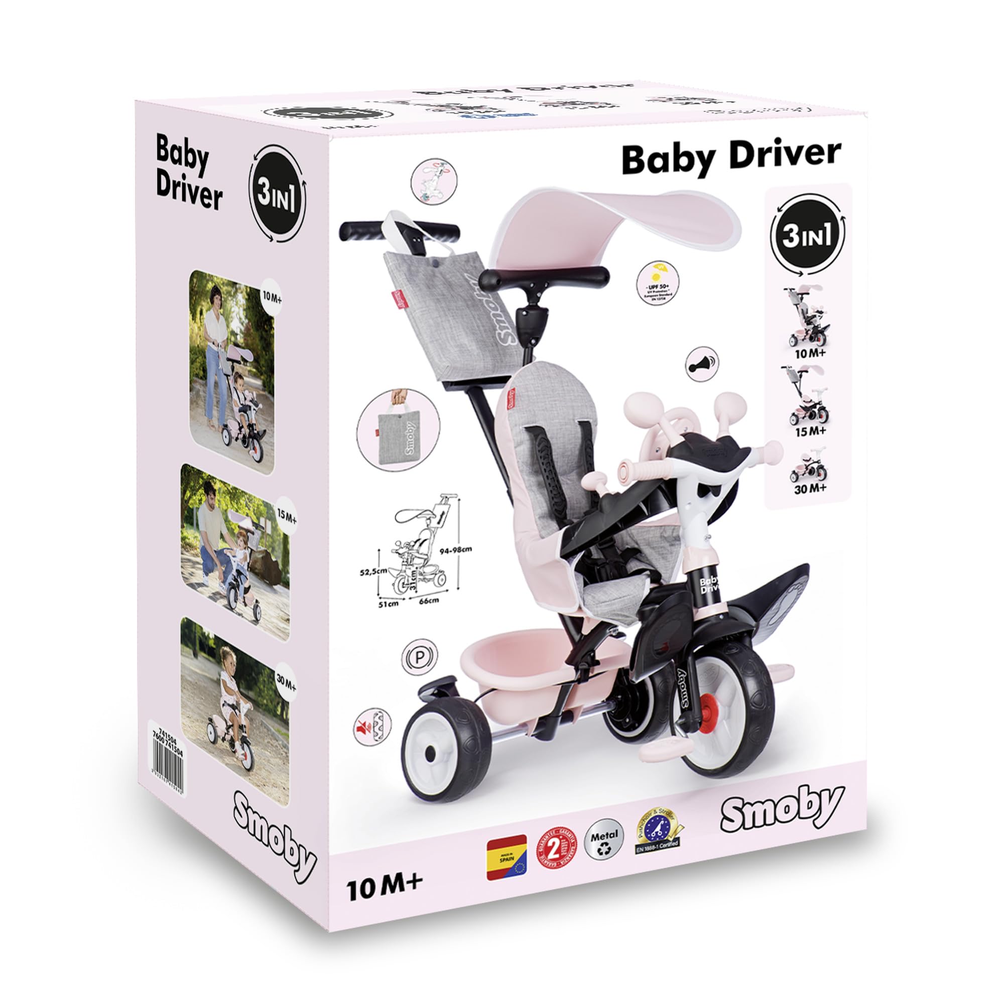Smoby - Baby Driver Różowy Trójkołowy - 3w1 Ewolucyjny - Uchwyt Rodzica Regulowany - Hamulec Postojowy, Podnóżek, Osłona Przeciwsłoneczna Anty-UV - Od 10 Miesięcy do 3 Lat - Wyprodukowano w Hiszpanii
