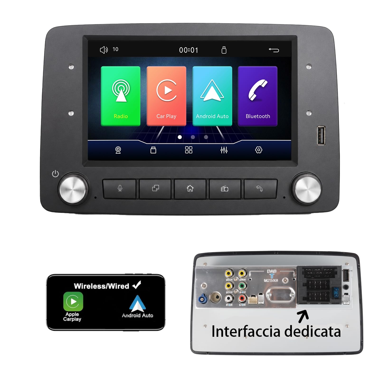 Stereo auto Linux con interfaccia speciale per FIAT Panda Modello 169 2003-2012 | CarPlay/Android Auto wireless/Bluetooth/FM/AM/RDS/USB HiFi 100W