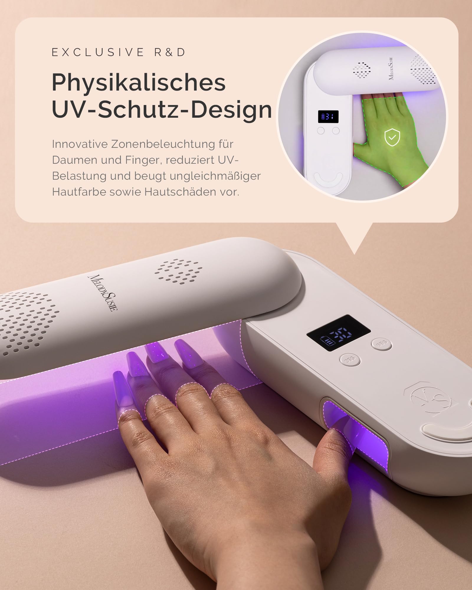 MelodySusie UV LED Nagellampe P-PLUS20F Kabellos Nageltrockner für Gelnägel | Anti-Schwarz, 240° Drehbar & Faltbar, LCD-Display, Aushärtung für Gel Nagellack，7800mAh Akku, 2,5 Stunden Vollladung