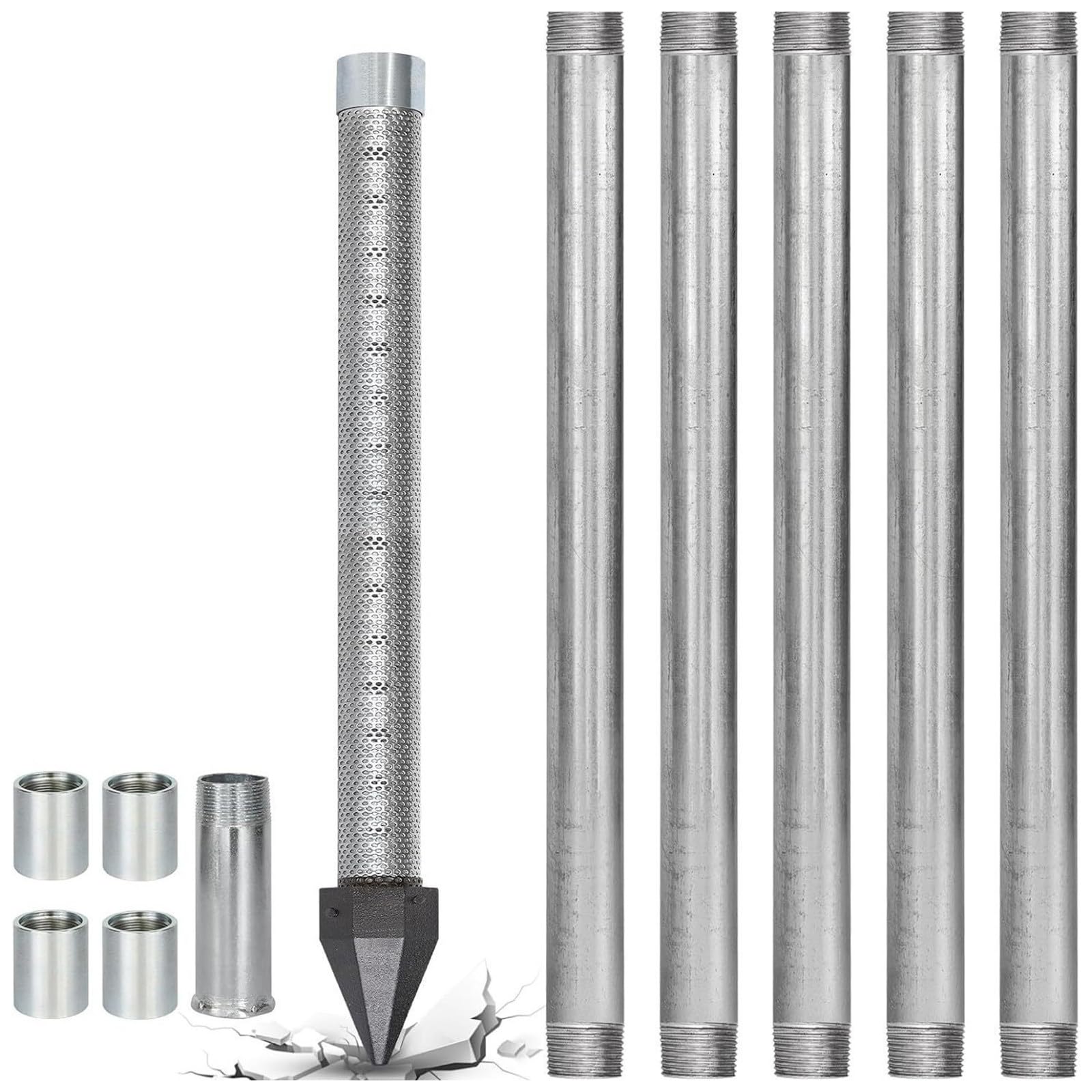 Wangyingxu Well Drive Point Kit,1-1/4 Stainless Steel Well Point+3-5Pk 39" 1-1/4 Galvanized Drive Point Well Pipes,Heavy Duty Shallow Well Drilling Kit for Drive Sand Point Well&Soft Soil Well 5+1kit