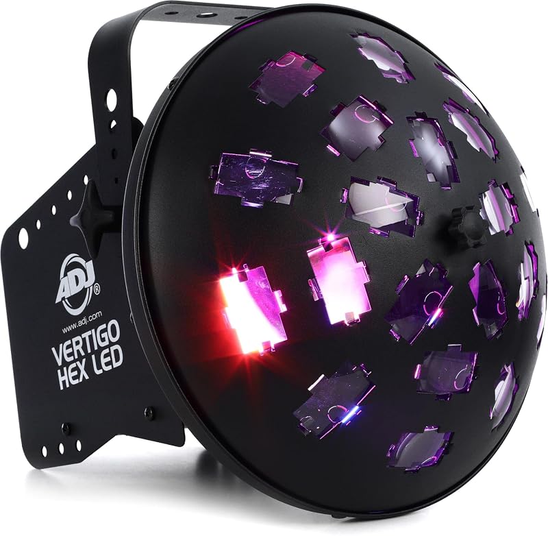 Products Vertigo HEX LED Stage Lights, Black | Sweeping multicolor rays energize dance floors, great for mobile ADJ entertainers parties and clubs, compact fixture