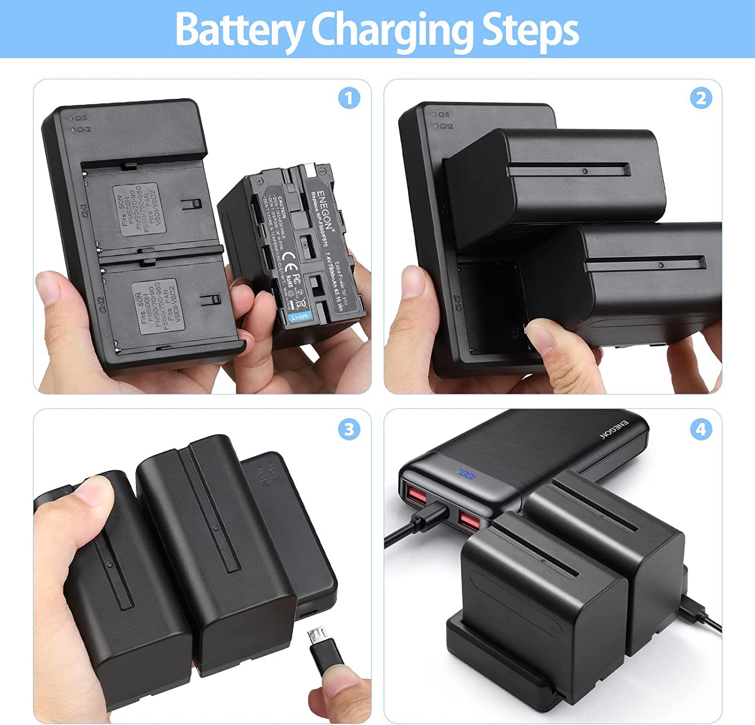 ENEGON Batterie pour NP-F970 (2 Paquets 7200 mAh) et Chargeur LCD compatibles avec la Batterie Sony NP-F930 NP-F950 NP-F960 et Sony CCD-SC55, TR516, TR716, TR818, TR910, TR917