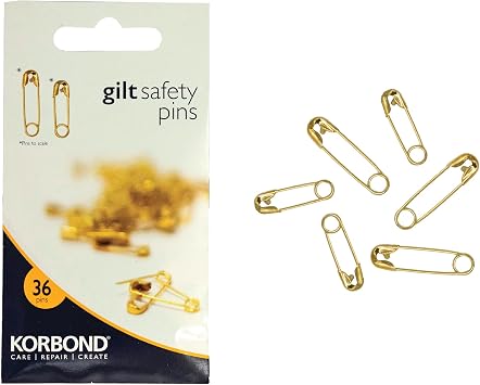 Korbond Gilt/Gold Safety Pins - 36 Pieces Assorted Sizes; 16mm & 22mm. Ideal for Delicate Fabrics, Discreet Pinning, Fastening, Securing Clothing, Crafting, Sewing, Pinning, Saree, Sari