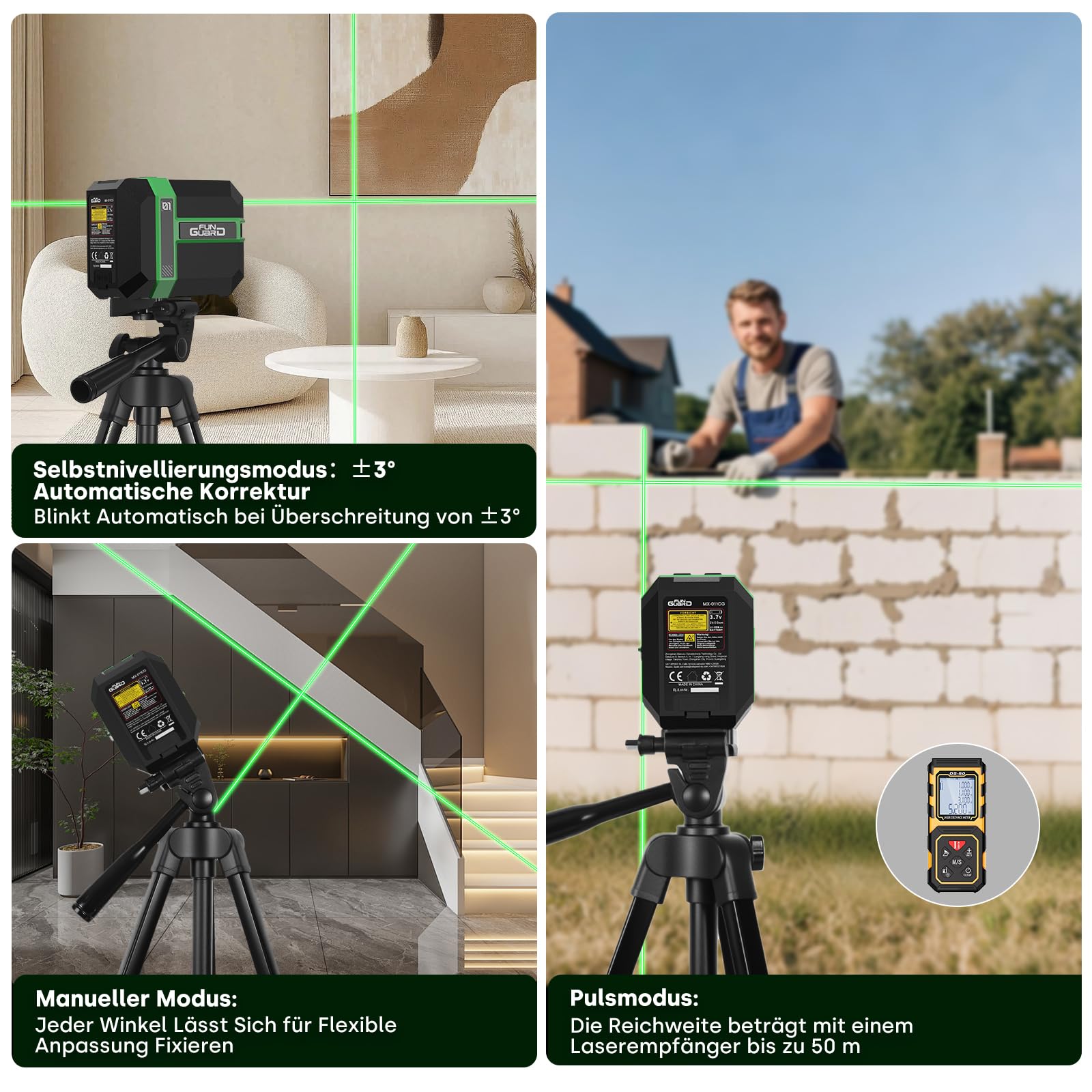 Laser Wasserwaage mit Stativ, Selbstnivellierend, Wiederaufladbar