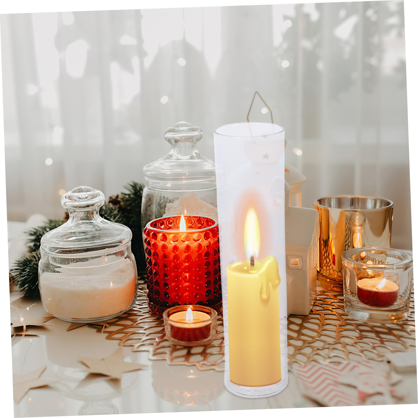 Portavelas de Vidrio Cilíndrico con Cubierta Antiviento, para Boda y Decoración del Hogar, Centro de Mesa Elegante