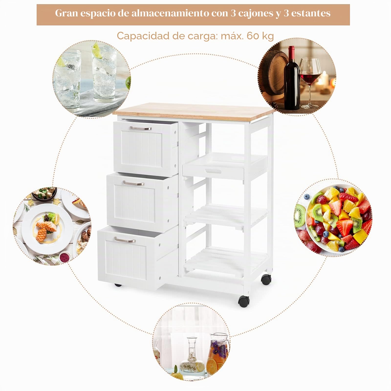 GOPLUS Carro de Cocina con Ruedas con 3 Cajones y 3 Niveles, Carrito de Cocina de Madera con 1 Bandeja Extraíble y Freno, Ideal para Cocina, Salón, Pasillo, 67 x 37 x 83,5 cm, Blanco y Natural