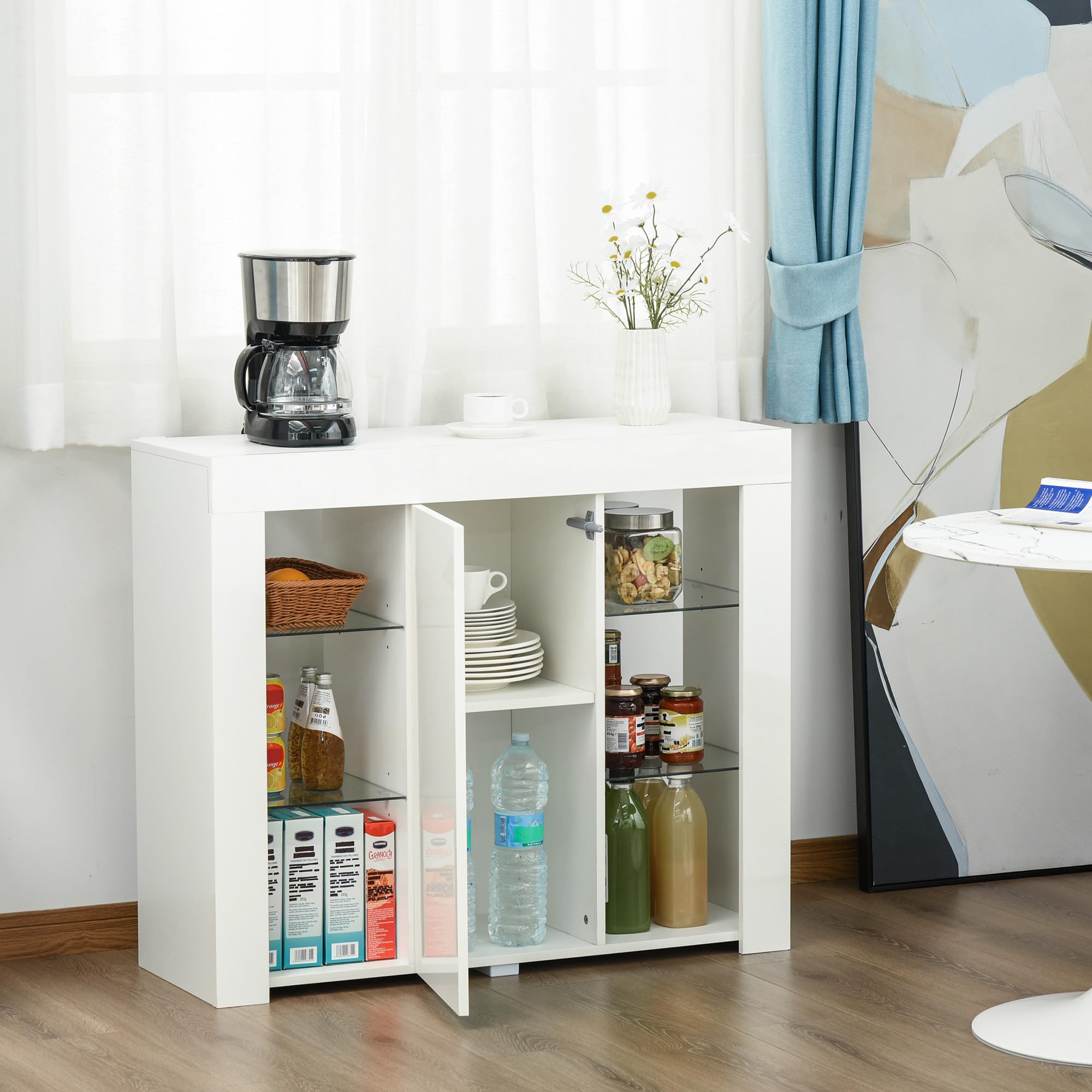 HOMCOM Credenza Moderna con Luci LED Finitura Lucida 97x35x83cm Bianco | a Anta, Mensole in Vetro, Mobile Multiuso in Legno