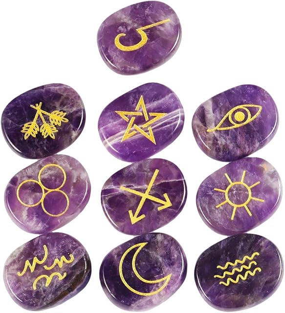 mookaitedecor Amethyst Witches Runes Set,Healing Crystal Palm Stone Engraved Gypsy Symbol for Meditation Divination