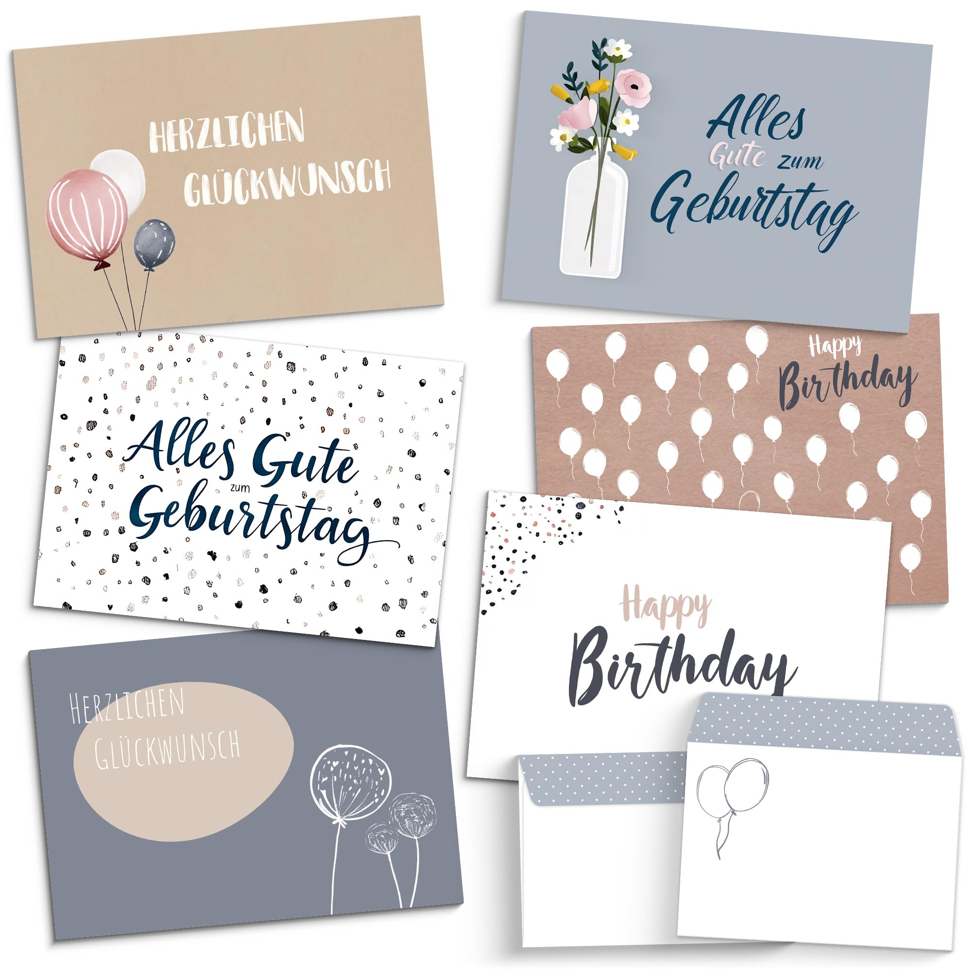 beriluDesign 20 Geburtstagskarten Set mit Umschlägen - Glückwunschkarten, Postkarten zum Geburtstag - Happy Birthday Karten - ideal als Grußkarte oder Gutschein (20 Karten + 20 Umschläge)