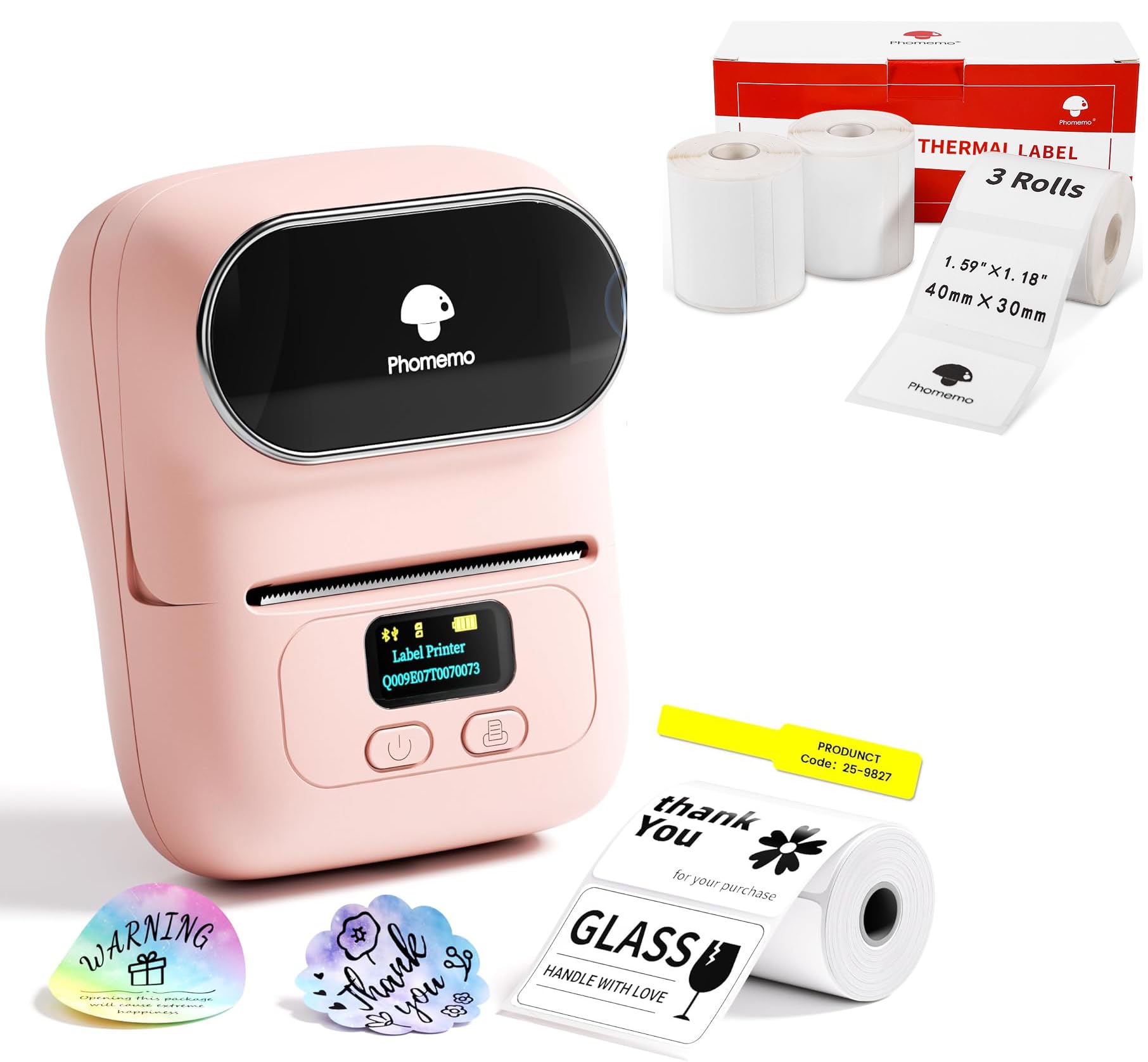 Phomemo M110 Etiquetadora con 4 Rollos de Etiquetas, Impresora de Etiquetas Adhesivas Bluetooth térmica portátil, para Uso en oficinas, códigos de Barras, pequeñas Empresas, Tiendas