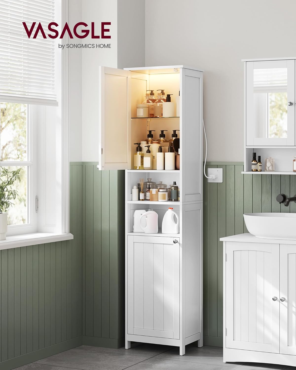 VASAGLE Tall Bathroom Cabinet with Lights, Slim Freestanding Bathroom Storage Cabinet with Adjustable Shelves, for Small Spaces, Modern, 15.7 Inches Wide, Cloud White UBBC766W02 - Image 2