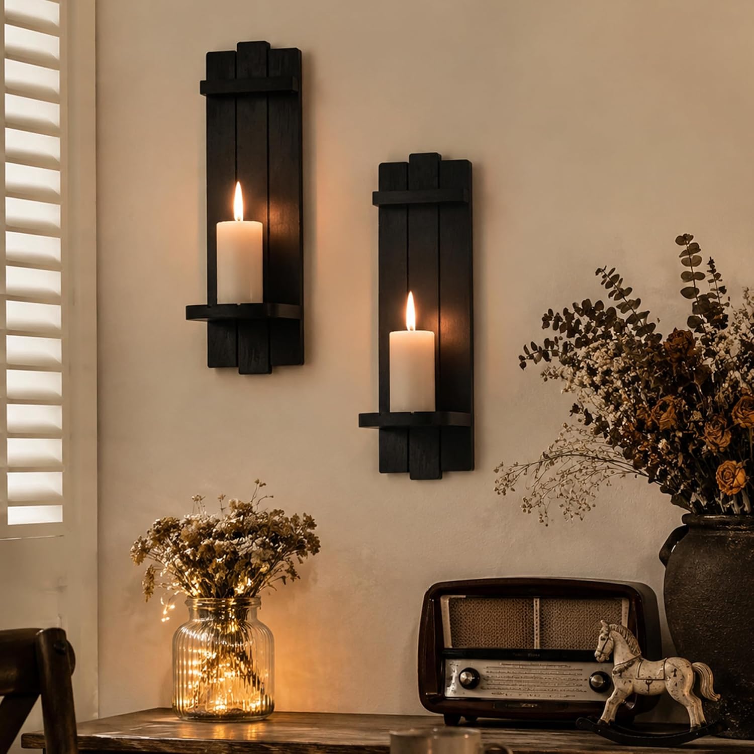 Black Wood Candle Sconces Set of 2, Farmhouse Wall Candle Holder