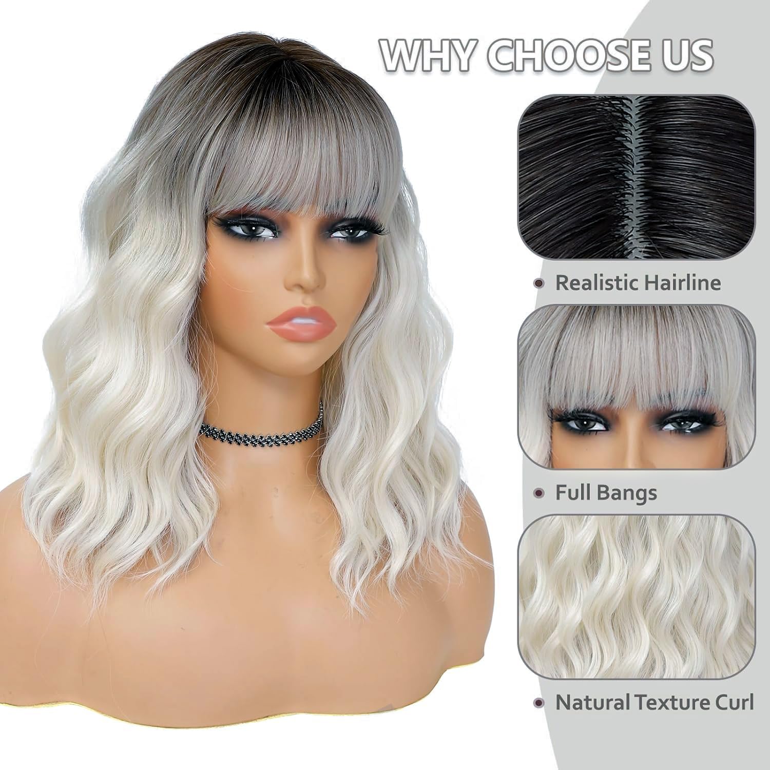 Colorfulpanda Short Platinum Blonde Wavy Bob Wigs with Fringe for Women Shoulder Length Wig Natural Looking Synthetic Hair Ombre Silver Blonde With Dark Roots For Daily Wear or Costume - Image 4