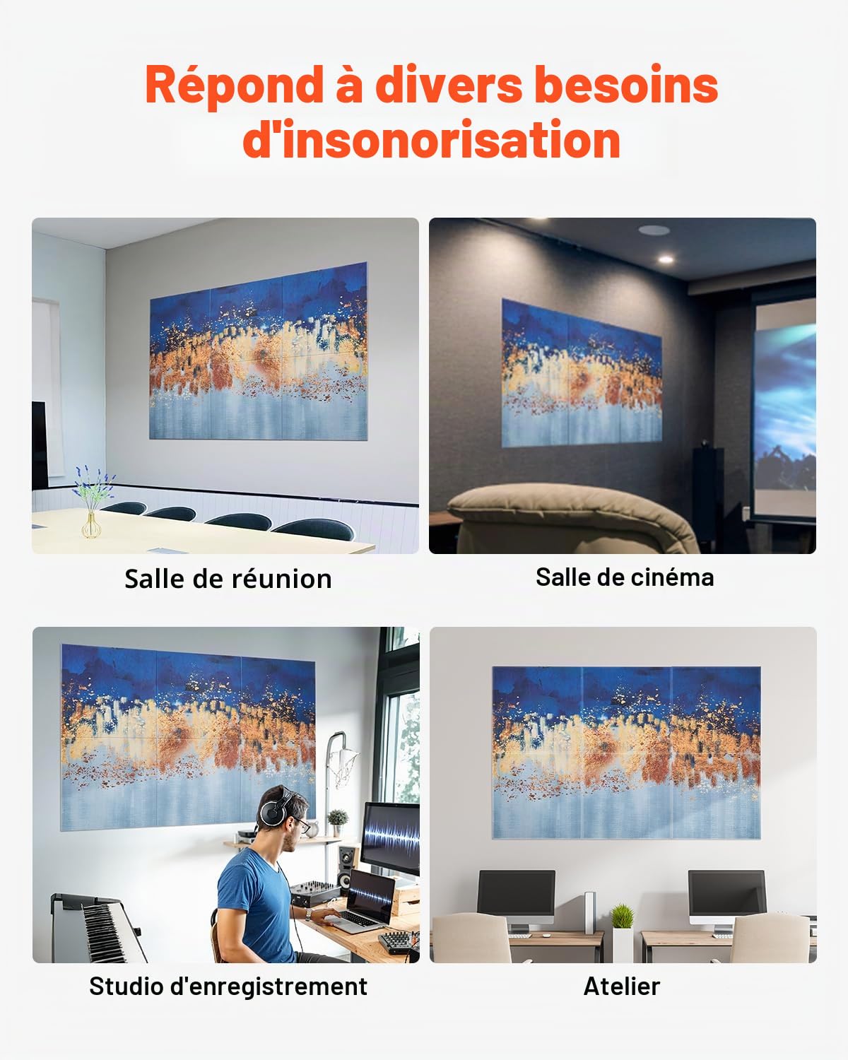 VEVOR Panneau Acoustique, Lot de 6, Mousse Acoustique Mural Autocollant 60x60x1 cm Panneaux Insonorisants Fibre de Polyester, Isolation Phonique Décorative pour Maison, Studio, Bureau, Motif Peinture