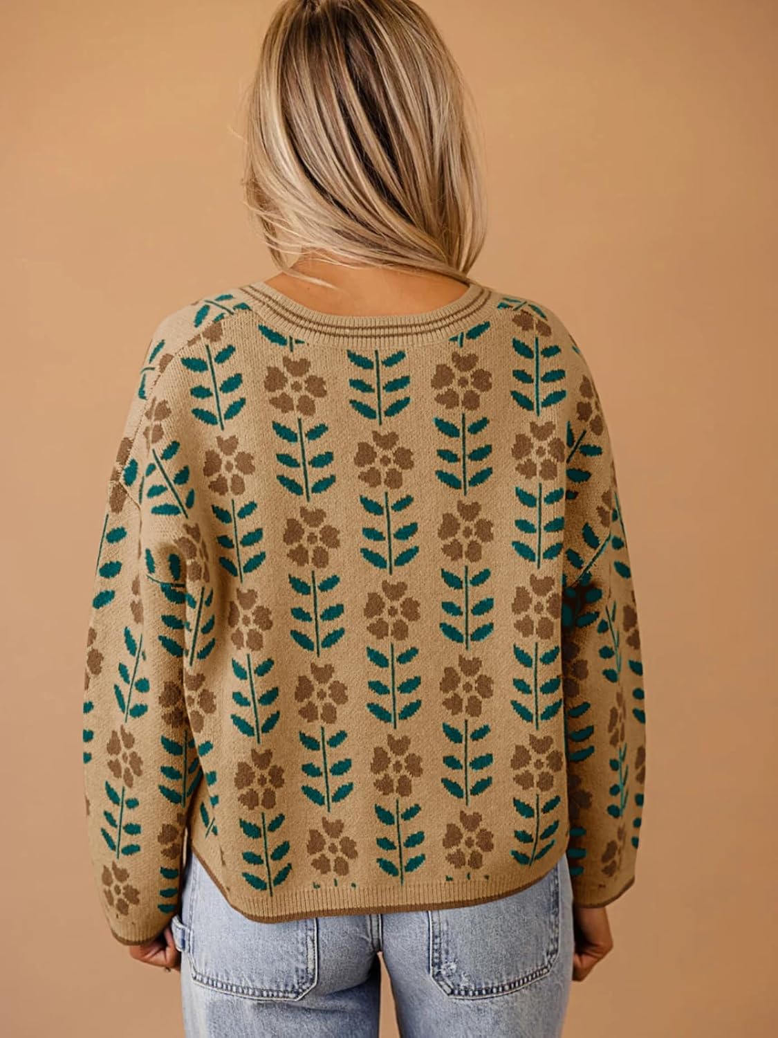 Saodimallsu Womens Floral Print V Neck Cardigan Open Front Button Down Knit Sweater Long Sleeve Loose Fashion Tops - Image 3