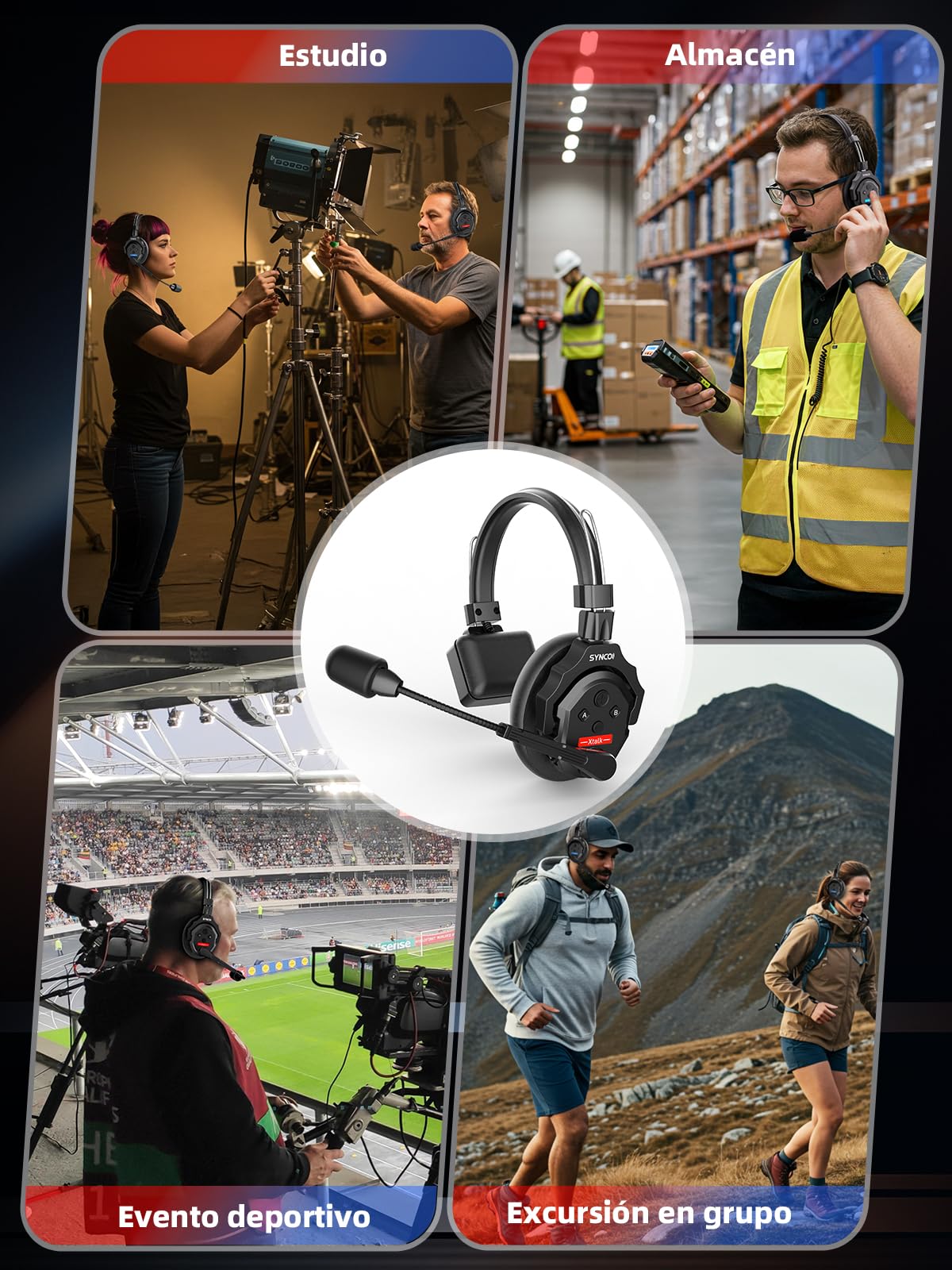 SYNCO Auriculares Intercomunicadores Inalámbricos, XTALK X5 2.4GHz Auriculares Inalámbricos Full Duplex con Comunicación de 24H 350M, Sistema de Intercomunicación con Monitoreo en Tiempo Real