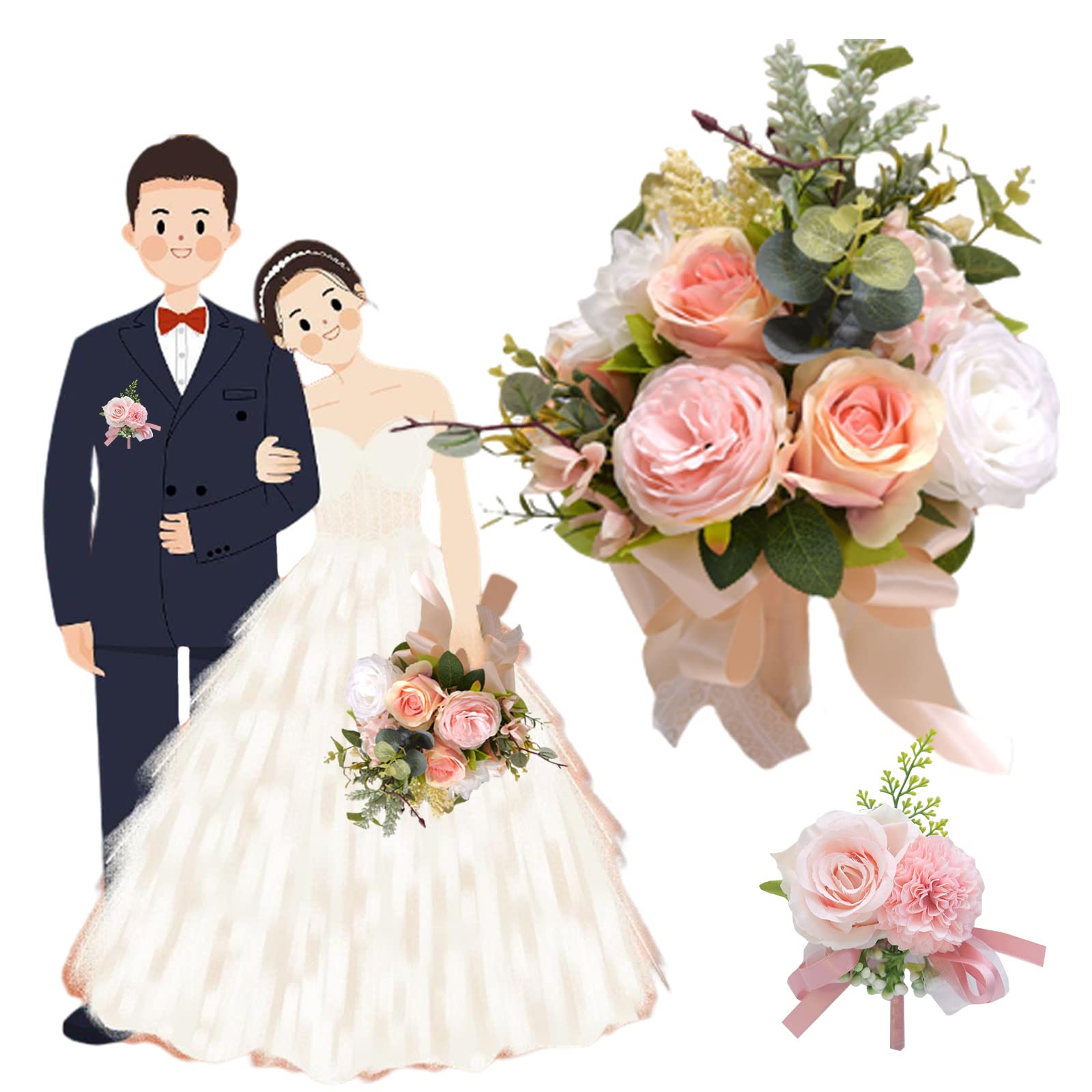 Amazon｜ウエディングブーケ ブートニア 2点セット 造花 花嫁ブーケ  