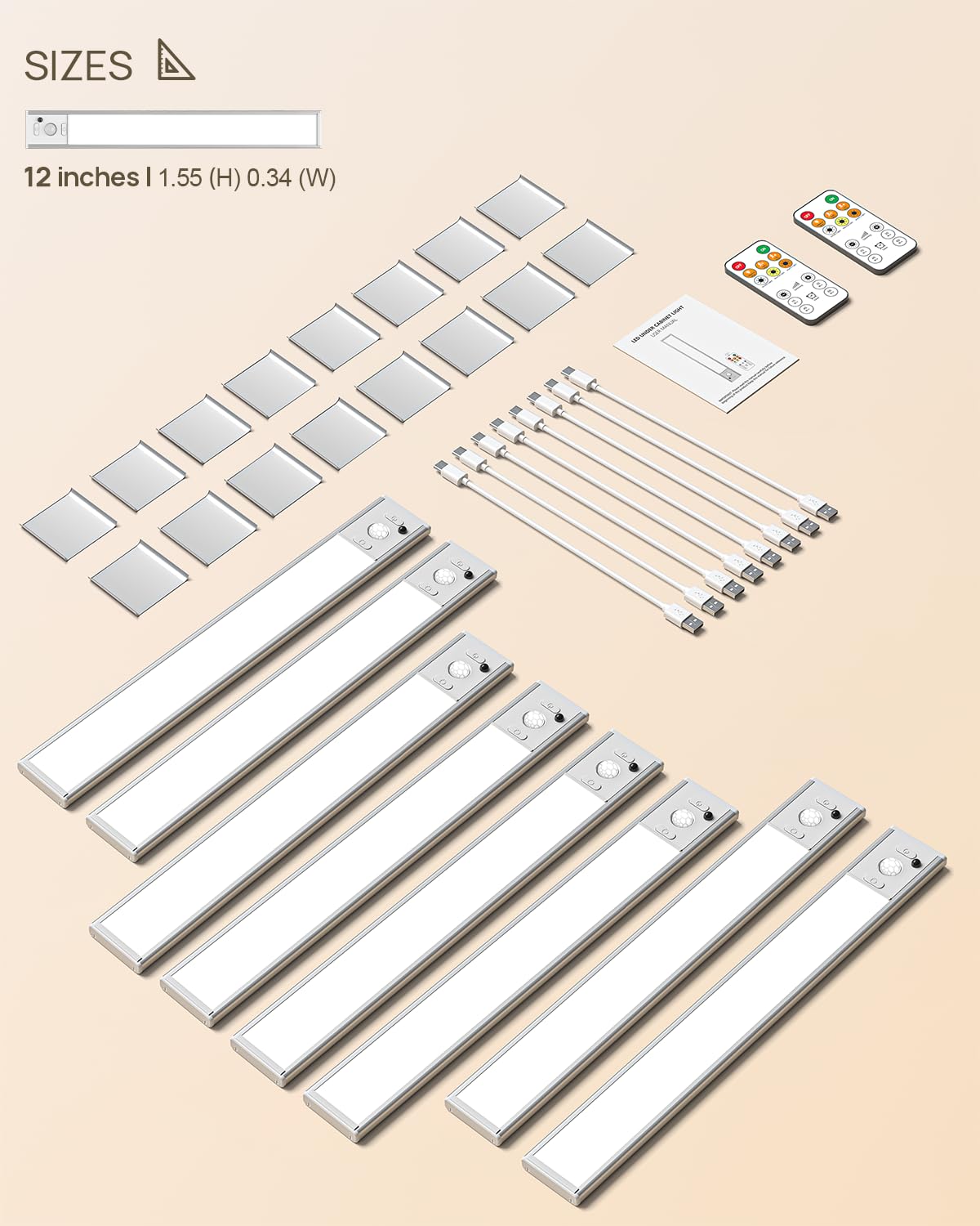 Iluminación debajo del gabinete con control remoto, luz de sensor de movimiento recargable por USB de 2500 mAh para interiores, luz LED de 350 lúmenes, 3 temperaturas de color, luces inalámbricas