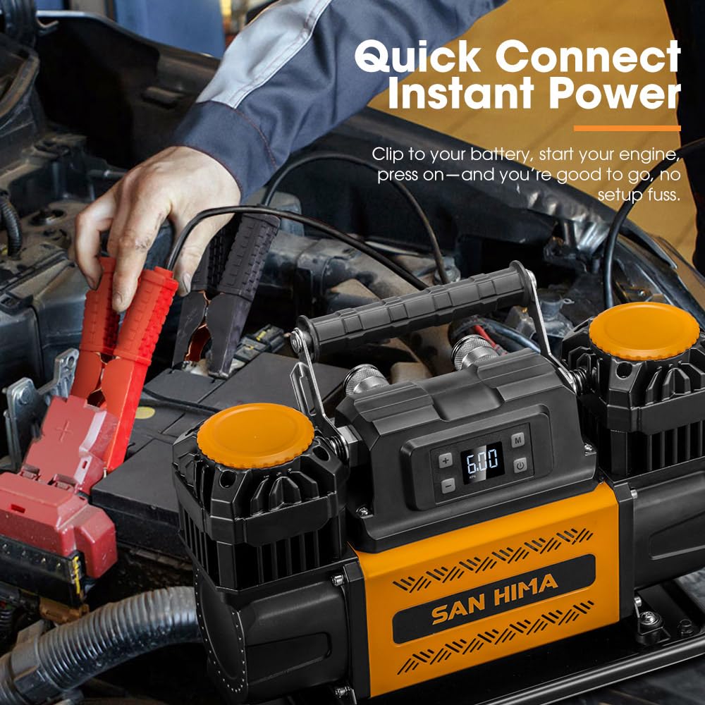 SanHima sprężarka powietrza 12 V – przenośny nadmuchiwacz do opon z podwójnym cylindrem 12,36 CFM z ekranem LED, pompa powietrza offroad, wytrzymała, maks. 150 PSI, do pojazdów 4 x 4, do samochodów