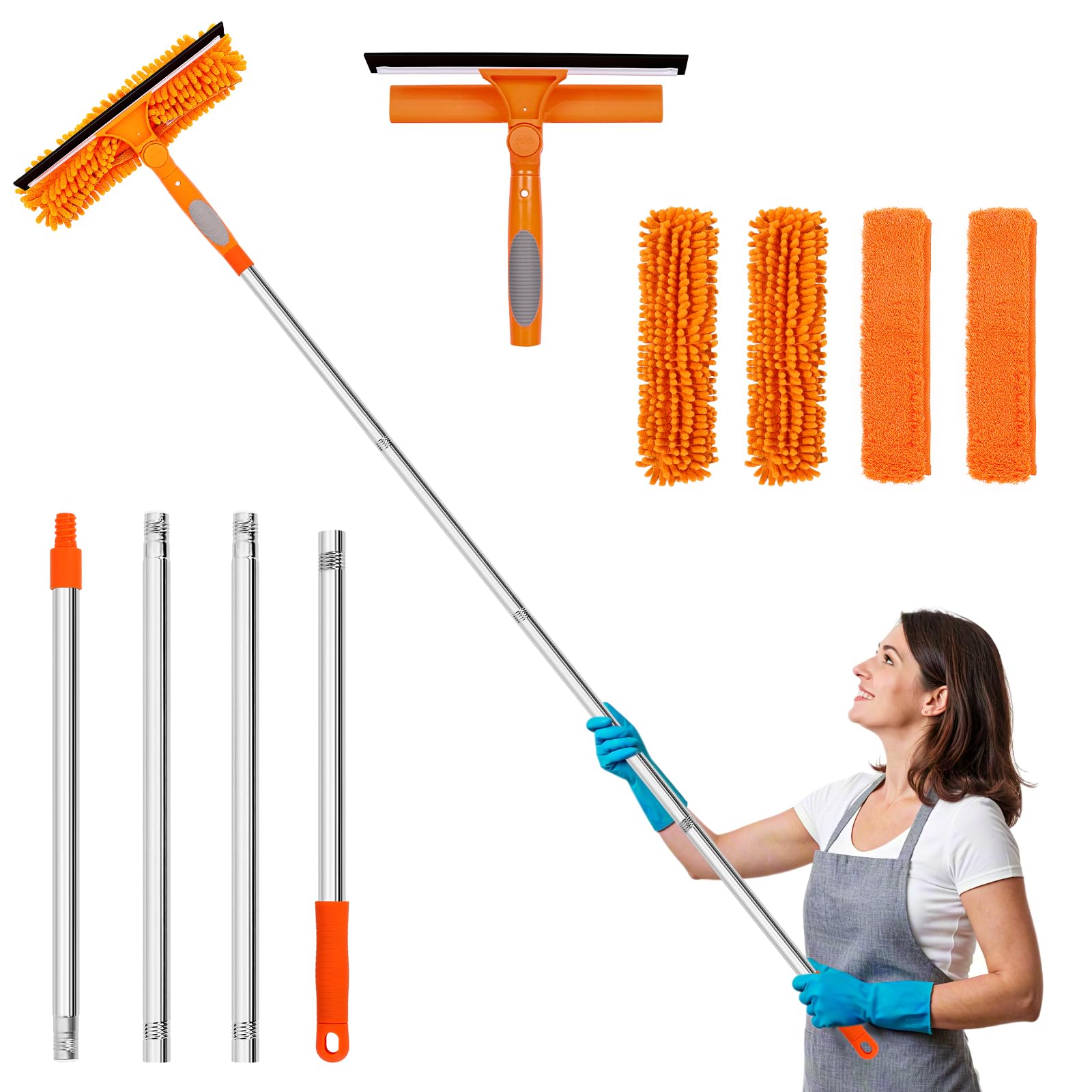 Window Washing Kit with Extension Pole, 73’’ Window Cleaning Squeegee Kit, 3 in 1 Window Cleaning Kit with 2 Microfiber Pads &amp; 2 Chenille Pads for Indoor Outdoor Windows