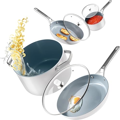 Greater Goods Chef's Grade - Juego de utensilios de cocina antiadherentes de cerámica, 12 piezas, ollas y sartenes con tapas, abedul