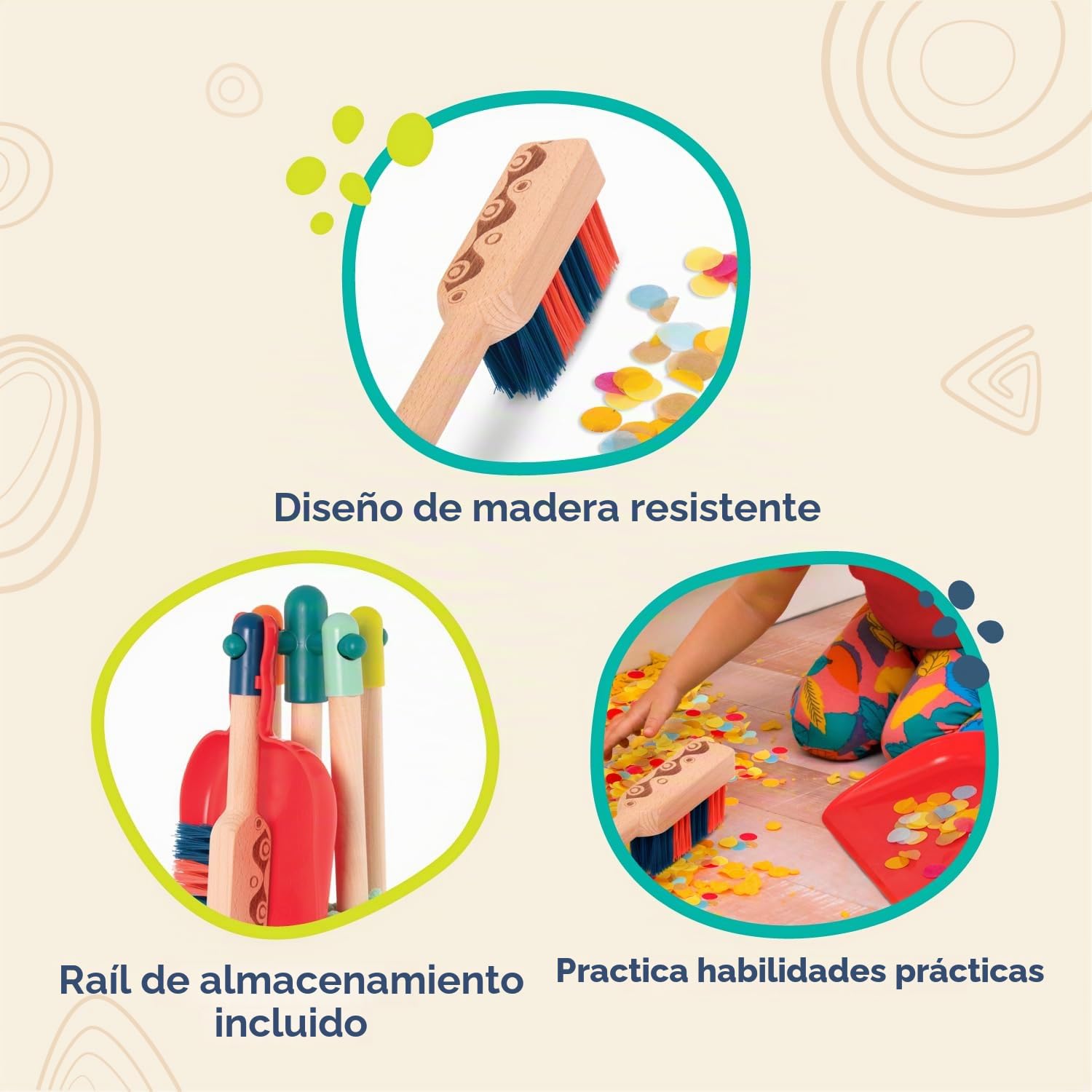 B. toys - Limpiar y Jugar - Set de Limpieza Infantil - Juguete de Madera - Kit de Juegos de Juguete para niños pequeños - Escoba, fregona, Cepillo, recogedor, Plumero - 2 años +