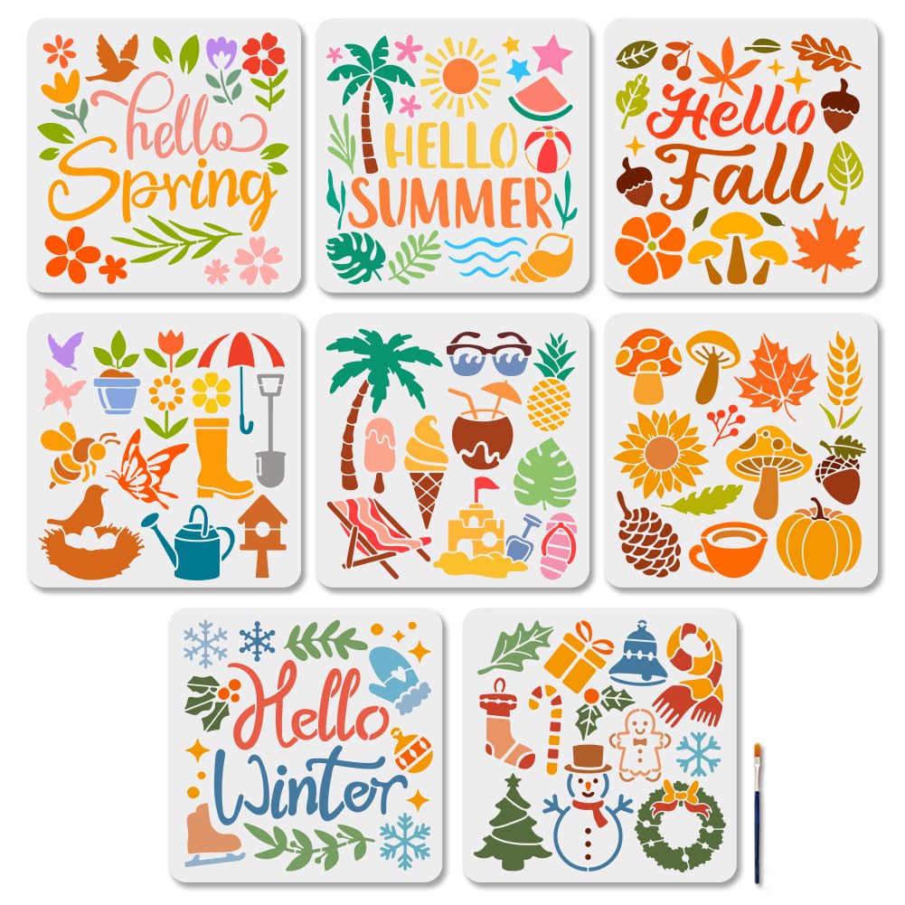 Pochoirs réutilisables 4 saisons Hello Summer pour peinture mur et meuble lot de 8 de 30x30 cm