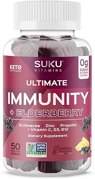 SUKU Vitamins - Ultimate Immunity - Elderberry Echinacea and Propolis Gummies for Immune Support, Easy to Chew - Non GMO, Gluten Sugar Free - Pomegranate Lime Flavored Gummy Vitamins, 50 Count