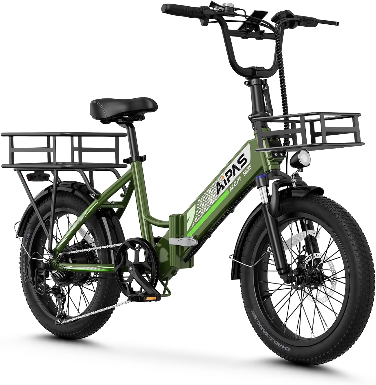 Aipas A2 Folding Electric Bike, 20'' Fat Tire Electric Bike with 750W Motor, 48V Removable Battery, 28MPH Max Speed, 62 Mile Range, Step-Through Frame and 7-Speed with 2 Baskets