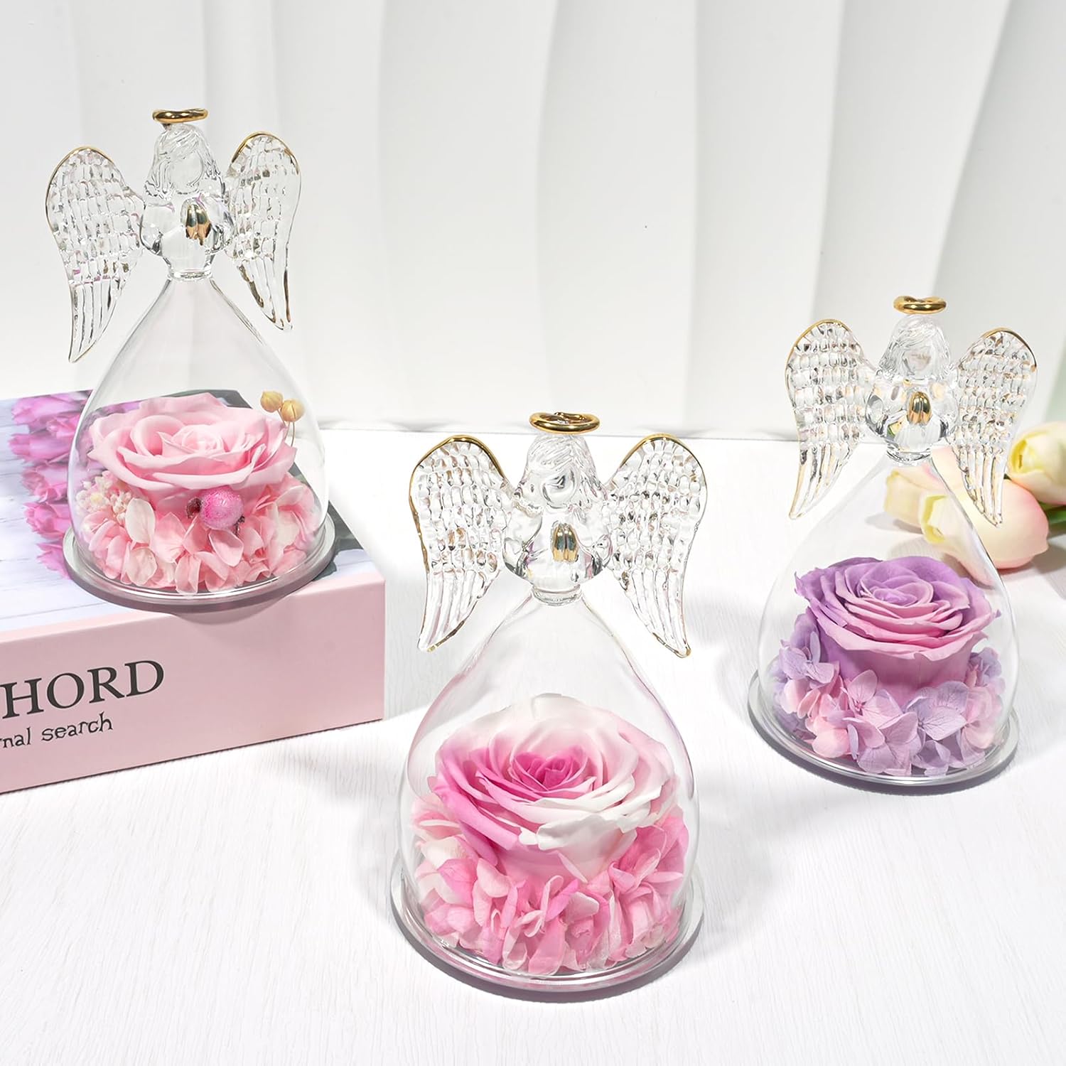 Yamonic Birthday Gifts for Women, Angel Figurines with Real Rose Gifts for Her Mom Grandma,Preserved Flowers Rose Gifts for Christmas Anniversary Birthday Gifts for Her (White+Pink)