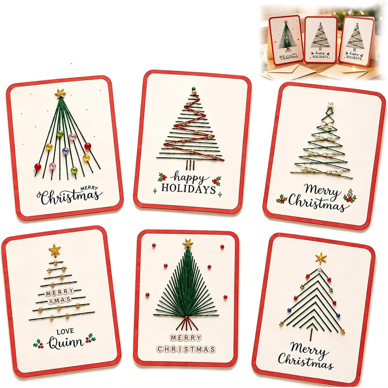 Qoobom Merry Christmas DIY Kit, Christmas Tree String Art Greeting Card Making Set, 6Pcs Stitch Chris𝐭mas Cards by Hand, DIY Embroidery Holiday Cards for Christmas Handcraft Project (#A)