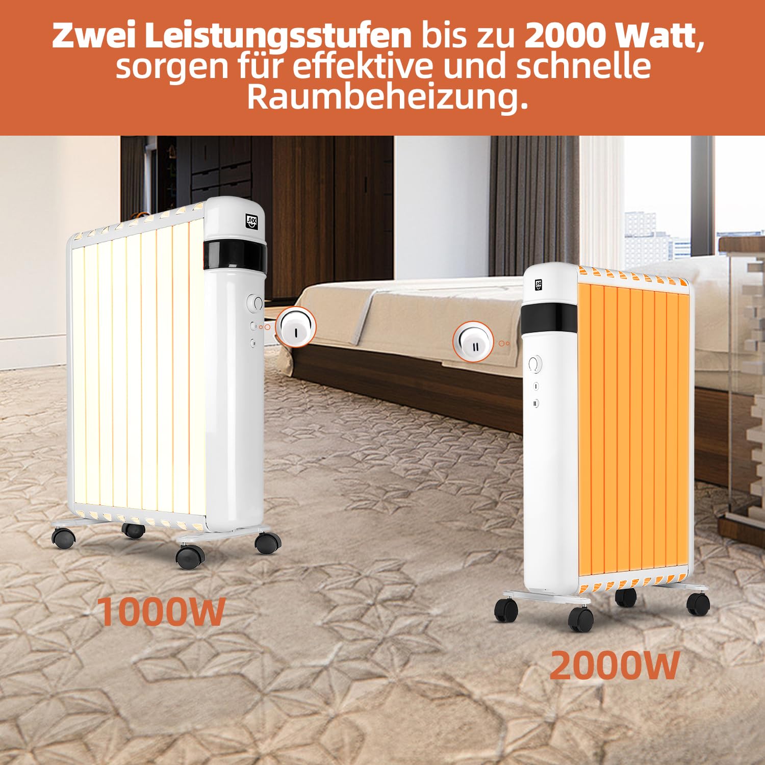 SHX SHX30ROF2000 bezolejowy grzejnik 2000 W, grzejnik elektryczny z 2 stopniami ogrzewania, tryb oszczędzania energii, termostat, automatyczne wyłączanie, zabezpieczenie przed przewróceniem, błyszczący biały