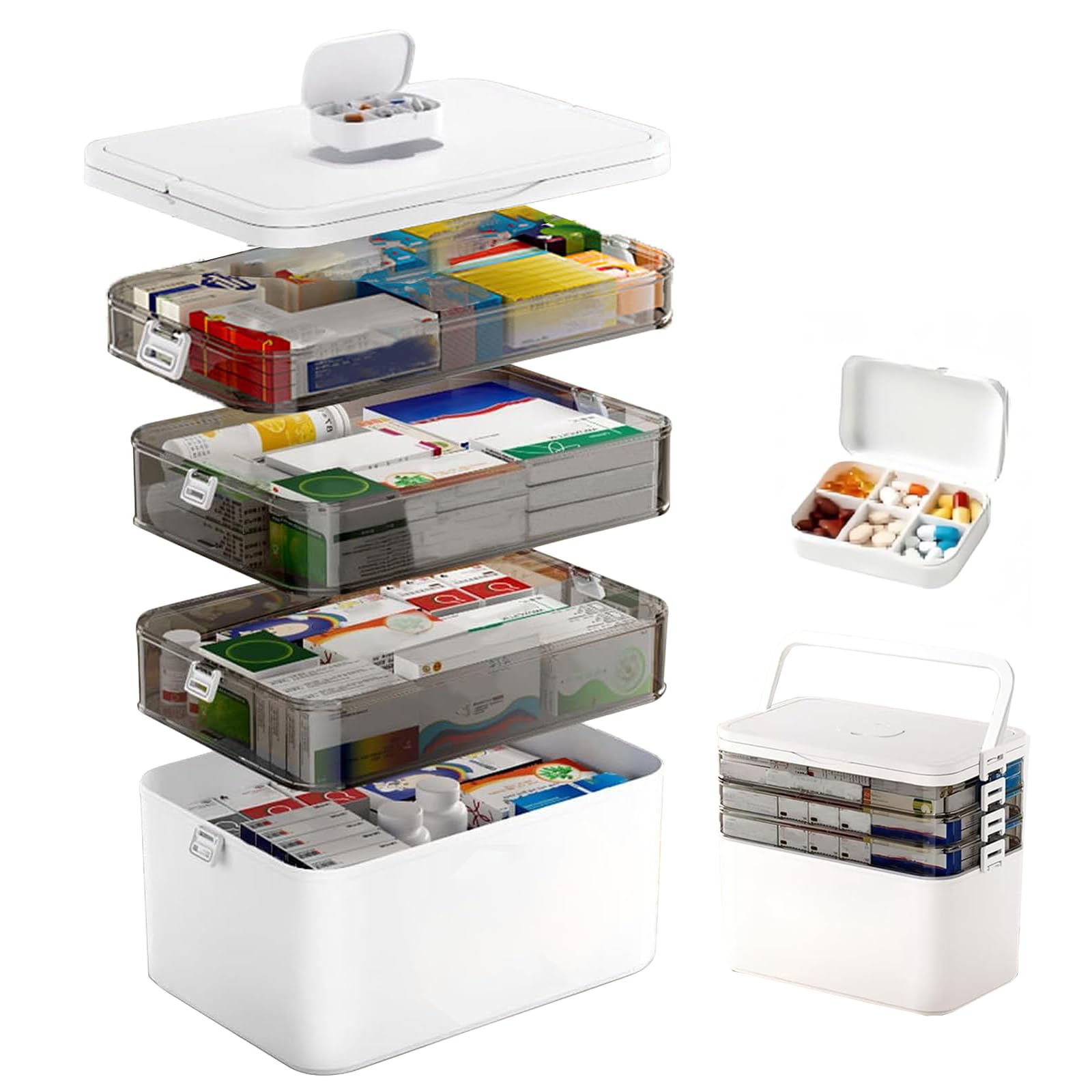 40,5 x 22 x 32 cm grande 4 capas organizador de medicamentos – Caja de medicamentos con tapa, armario transparente para medicamentos, primeros auxilios, hogar y farmacia