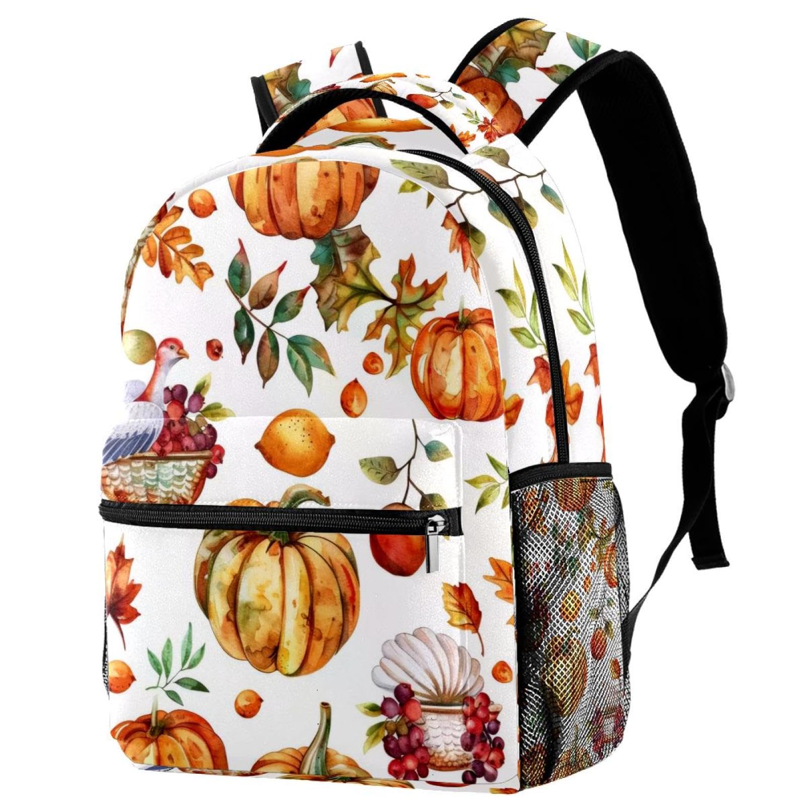 Sac à dos d'école imprimé citrouille et dinde multicolore avec porte-bouteille