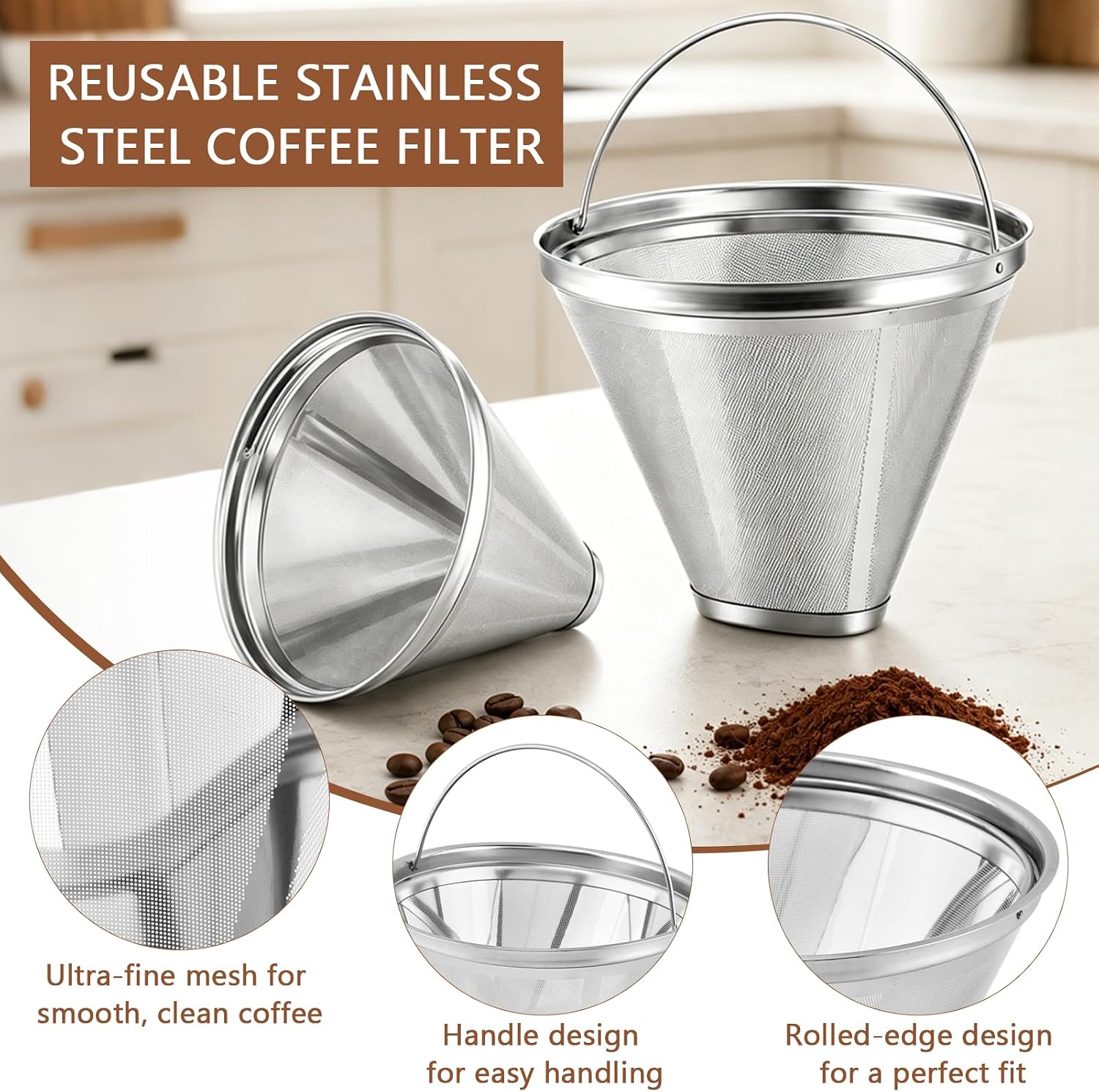Reusable No. 4 Cone Coffee Filters, Permanent Filter for Ninja Coffee Maker image 3