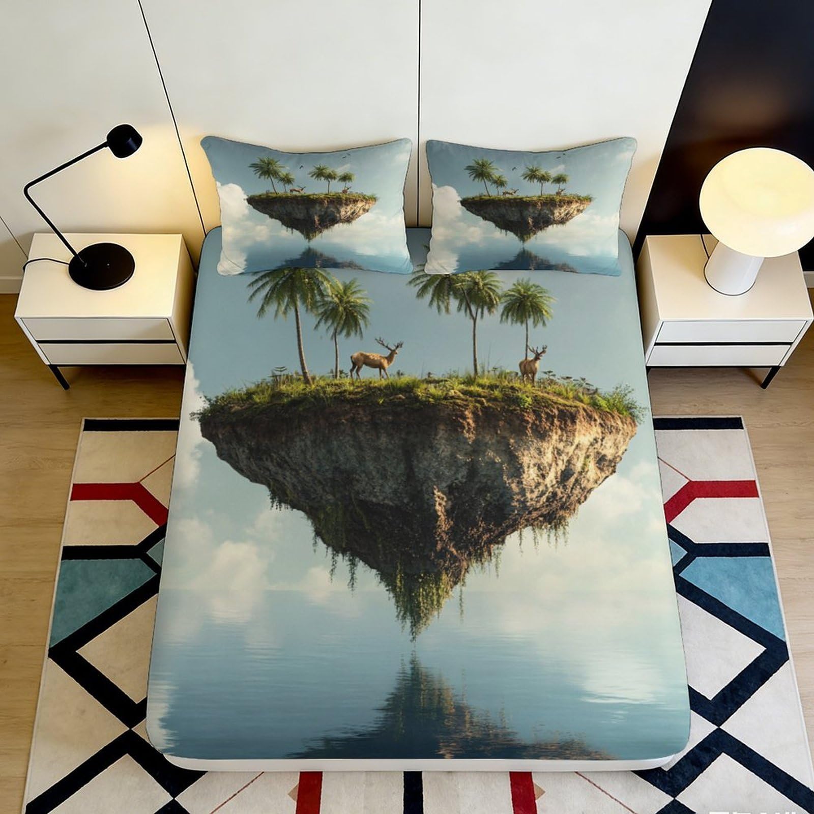 3D Printed Floating Island Fitted Sheet Microfiber Soft Breathable Deer Bed Cover for Bedroom Dormitory Guest Room Mattress Protection 160x200x25cm