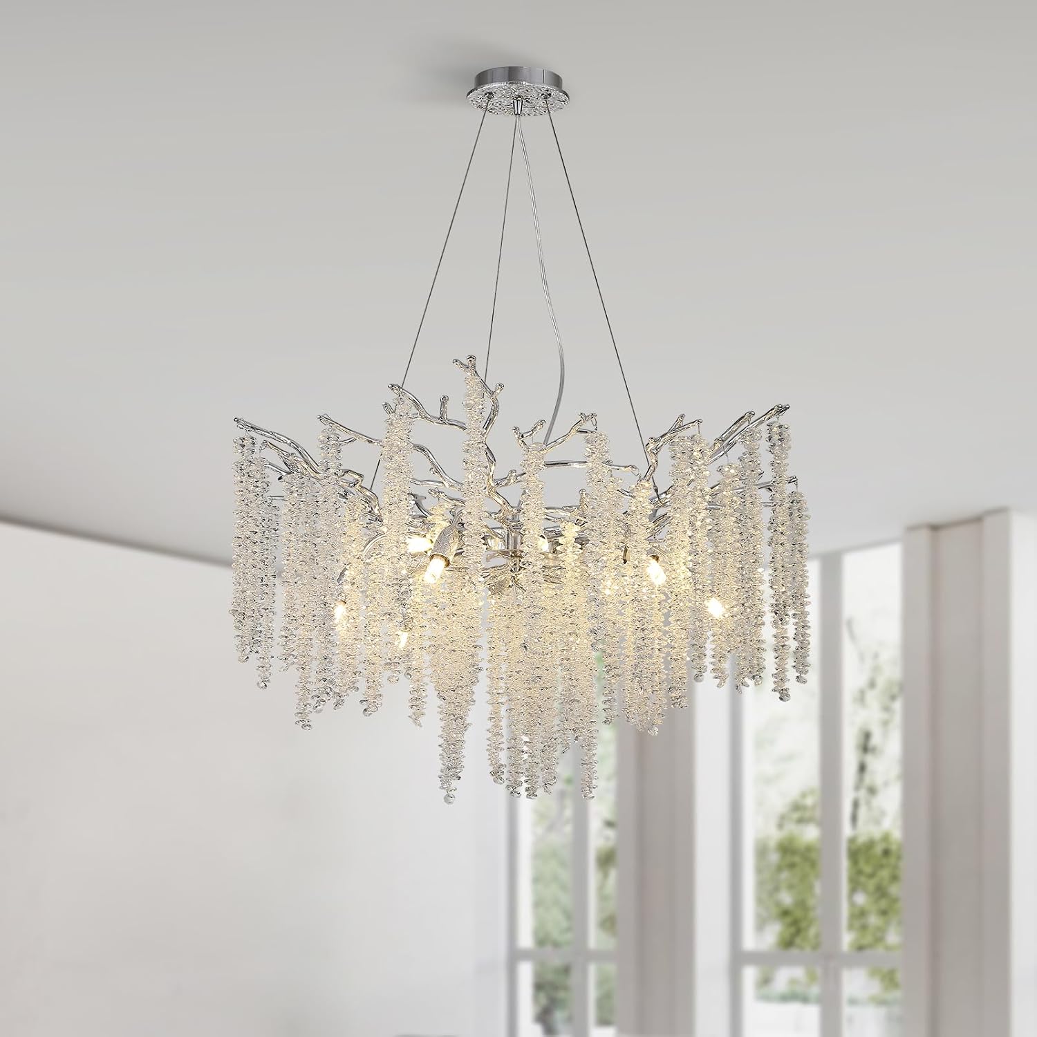 Modern K9 Crystal Chandelier Lighting, Silver Luxury Bamboo Tree Branch Chandelier Pendant, Round Ceiling Light Fixtures for Dining Room,Bedroom,Living Room (Silver-Round 30IN)