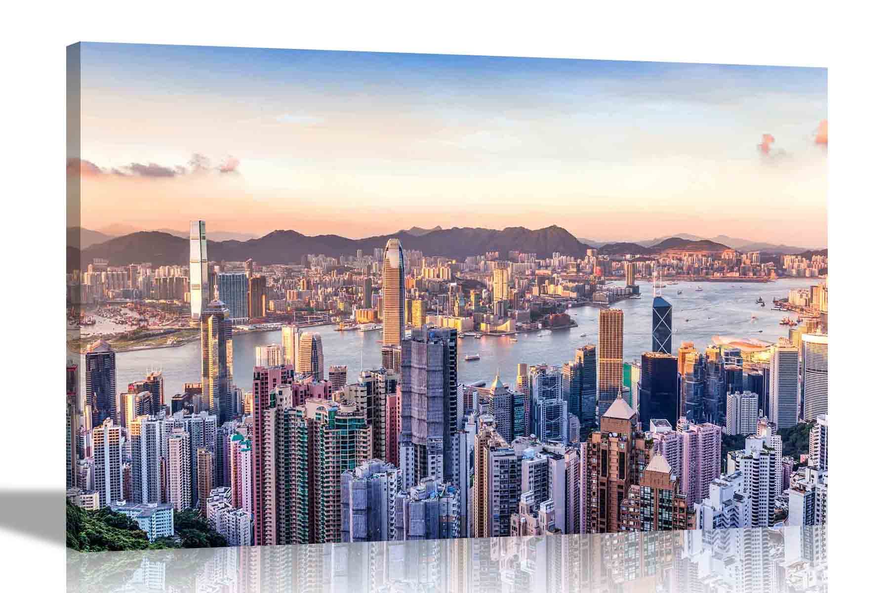 Artley Prints Multicoloured Sunset Over Hong Kong Skyscrapers Canvas Pictures City Framed Prints Wall Art Home Office Posters Artwork Cityscape Images 101 X 76Cm (40 X 30 Inches)